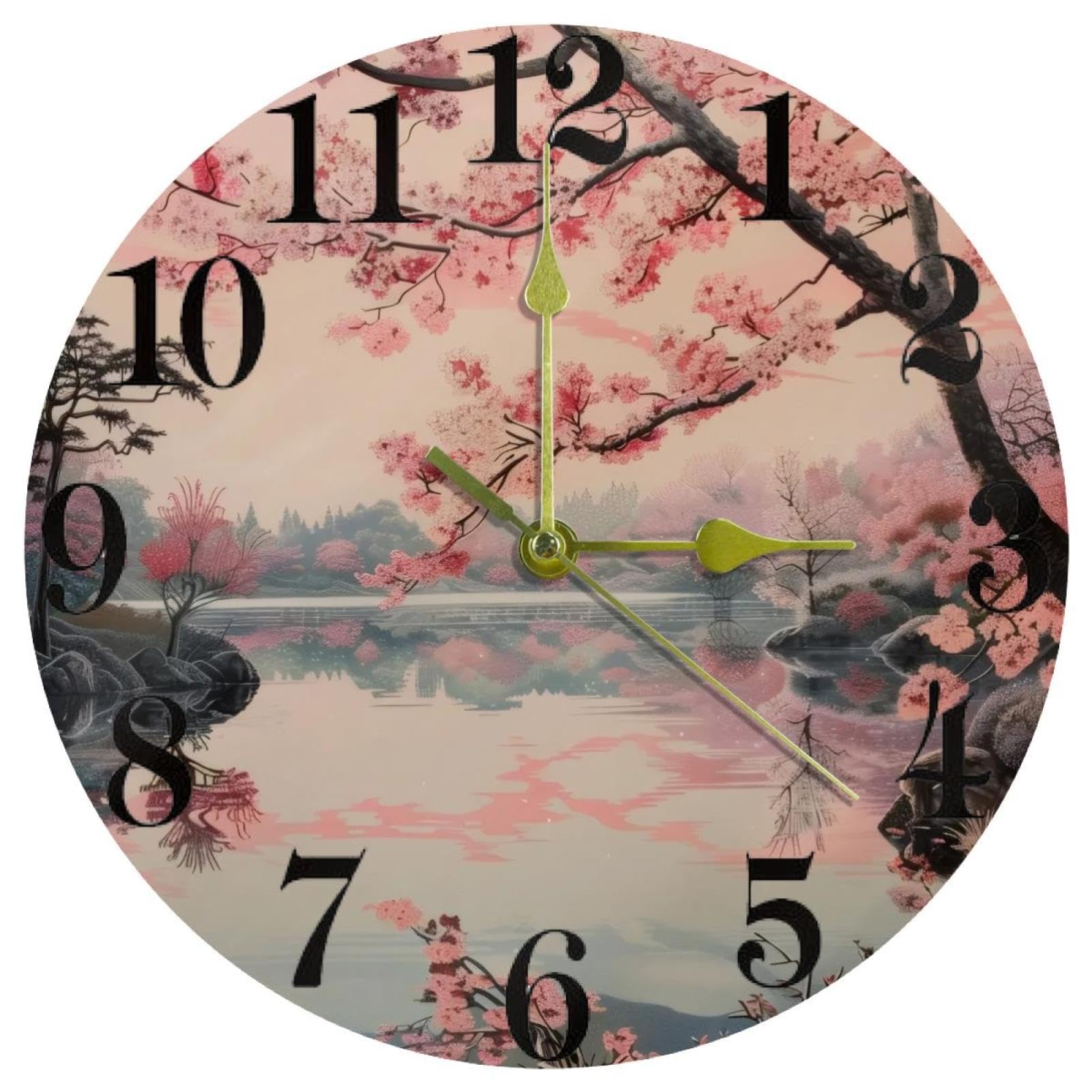 Horloge murale silencieuse à quartz Cherry Tree Lake pour cuisine et salon