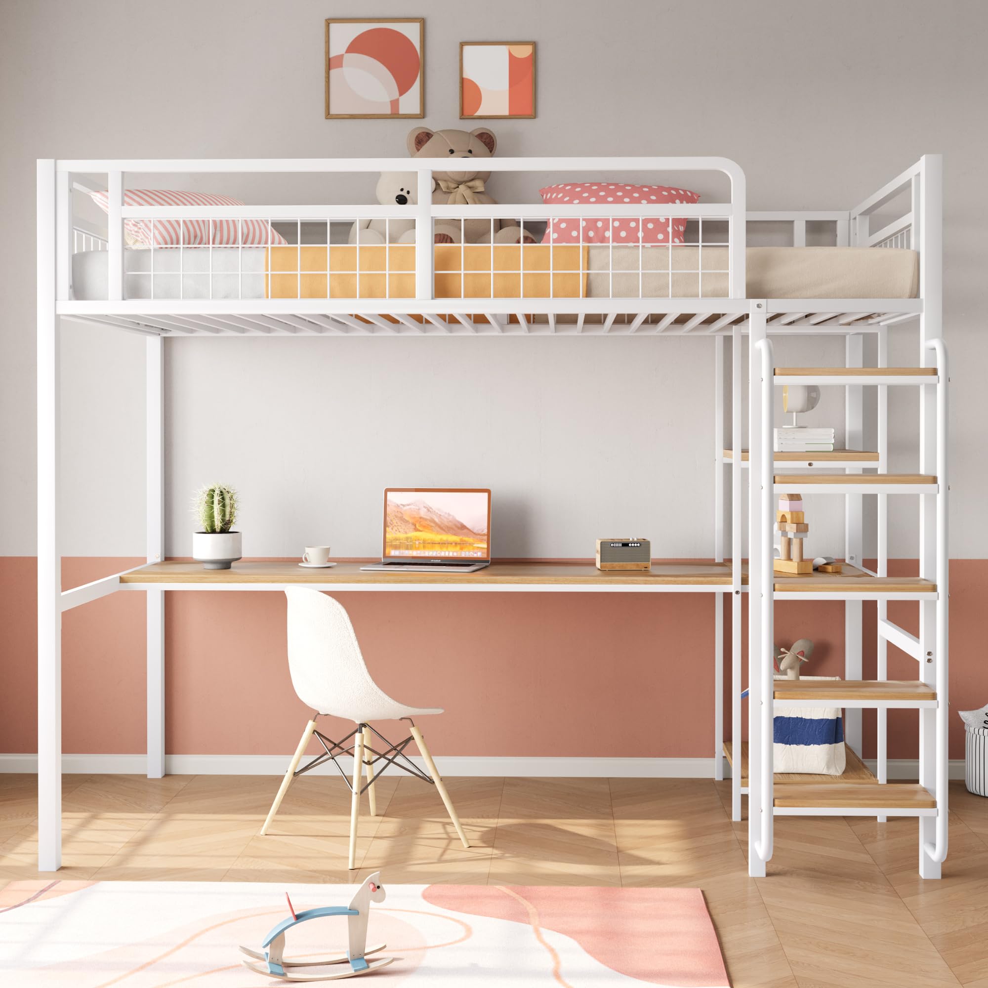 Cama alta de metal 90x200 cm con escalera y valla de seguridad blanca