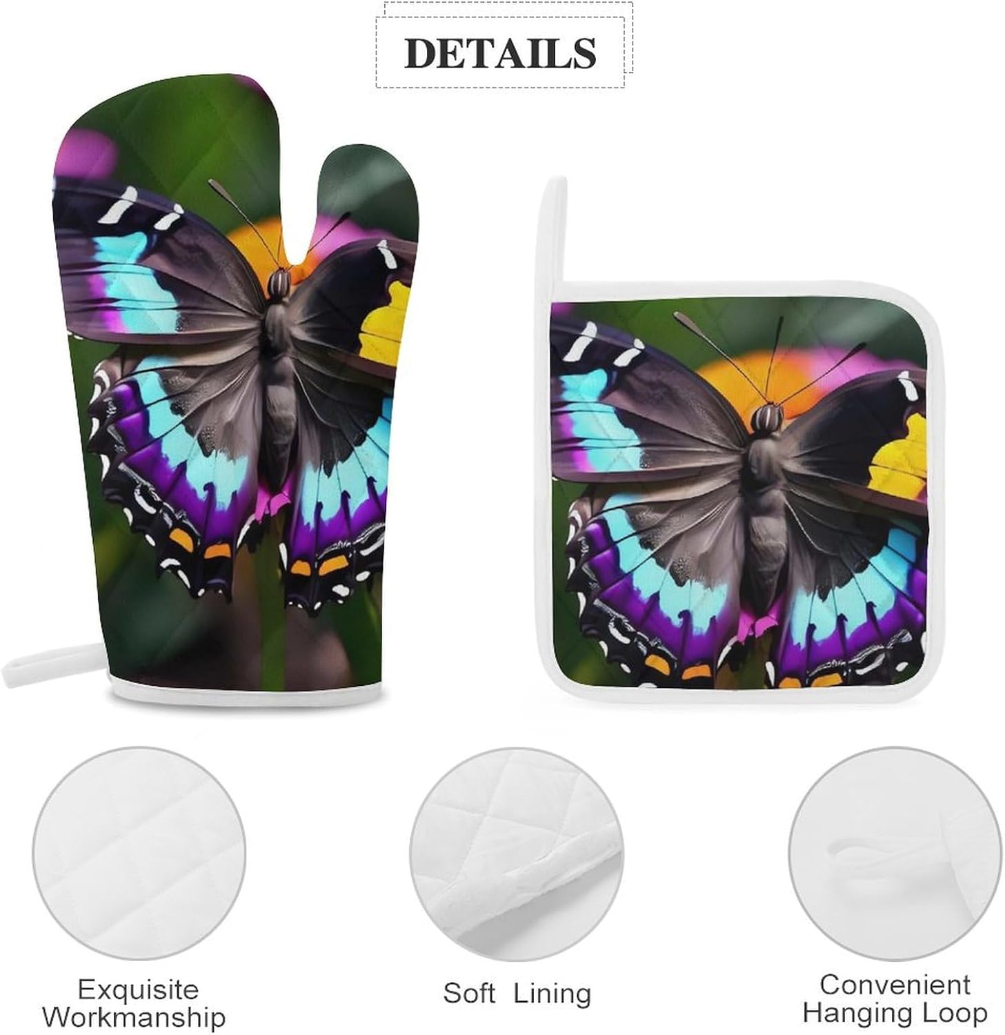 Oven Mitts Pot Holders Kitchen Beautiful Colorful Butterflys Heat Resistant Oven Glove for Baking and Cooking