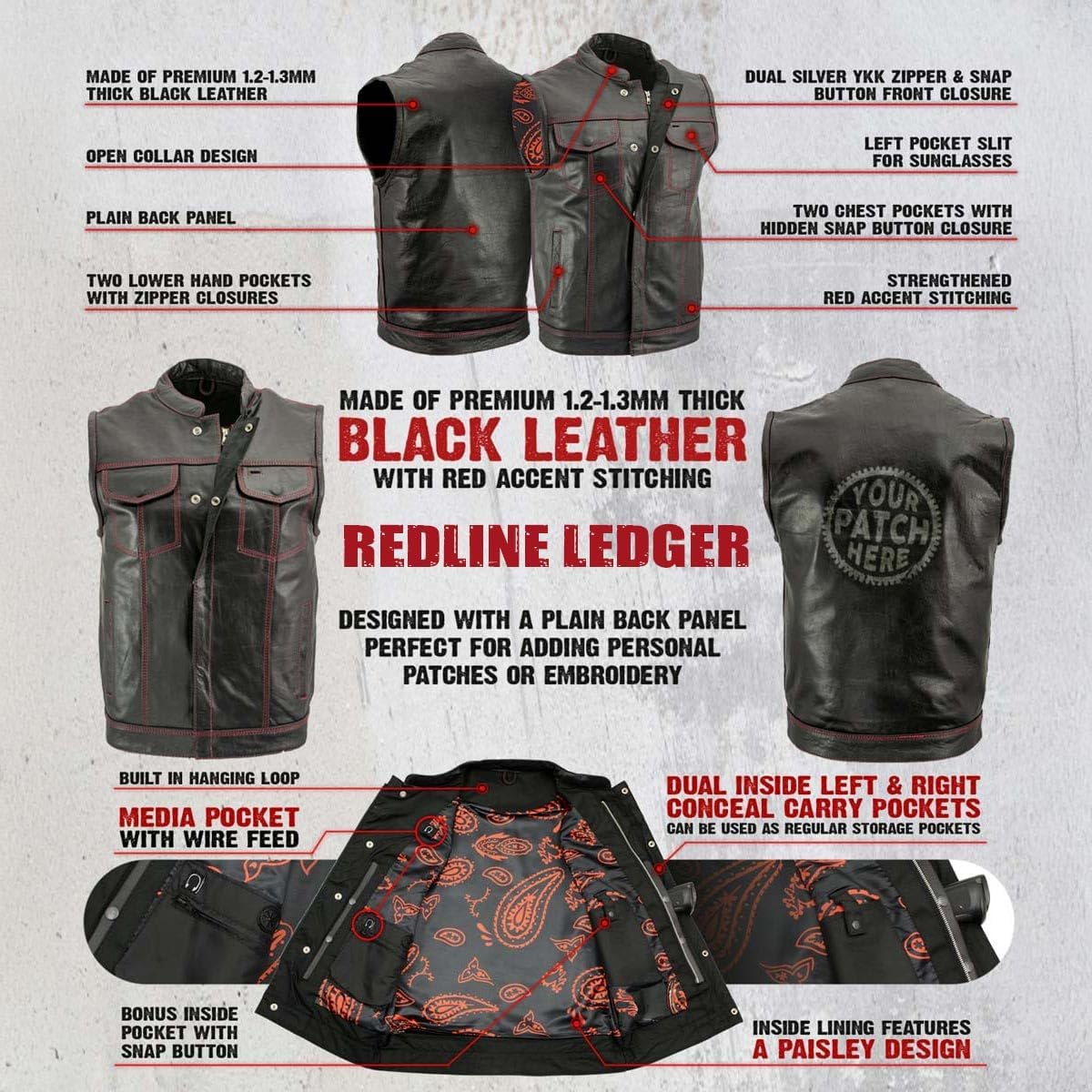 Milwaukee Leather Men's Redline Ledger Club‑Style Motorcycle Premium Leather Vest w/Red Stitching LKM3788