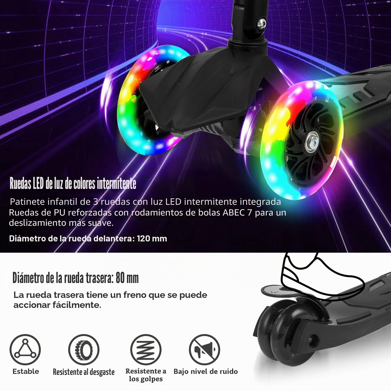 Sonnewelt Patinete Infantil Plegable con LED y Manillar Regulable en Altura, Frenos Traseros, para niños