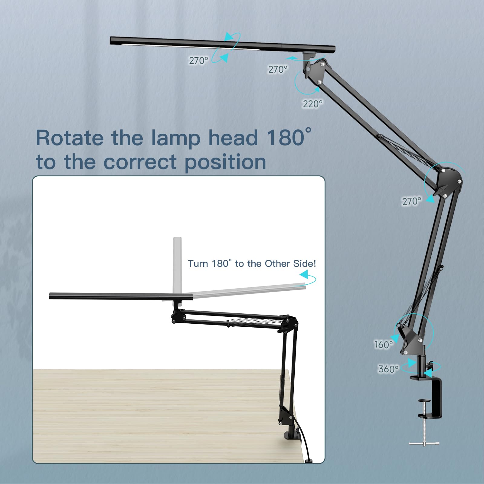 Schreibtischlampe für das Heimbüro, Schreibtischlampe Klemmbar , Architektenleuchte mit QC3.0 Adapter, Fresnel Linse, Tischlampe, 5 Farbmodi und Helligkeit, Klemmlampe mit Speicherfunktion, Schwarz