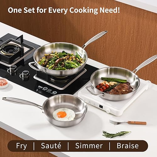 Miniatura 6 de Juego de sartenes de acero inoxidable de tres capas, sin PFOA ni PTFE, juego de sartenes de acero inoxidable con tapa para la cocina