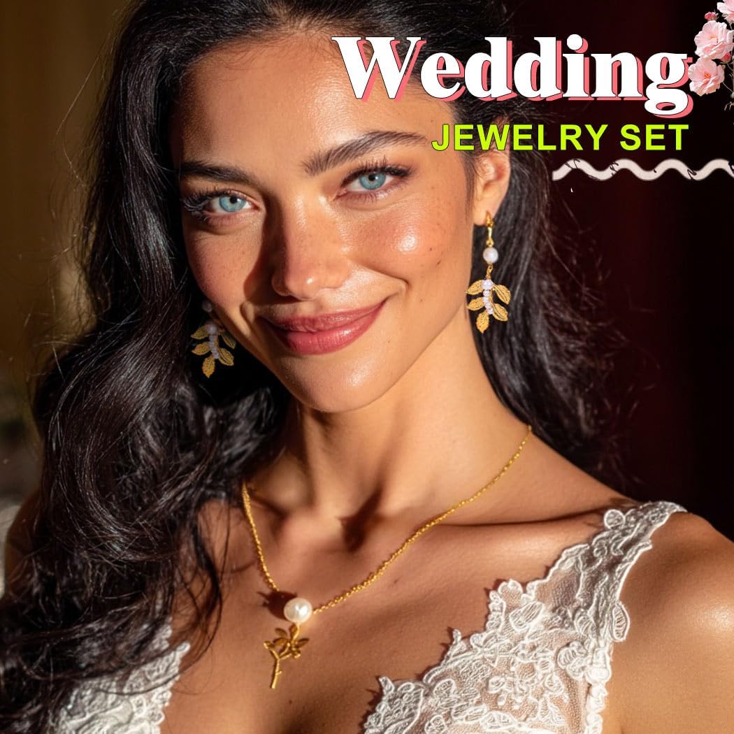 EVILD Gold Leaf Necklace and Earrings Set Pearl Wedding Jewelry Set for Women - Image 2