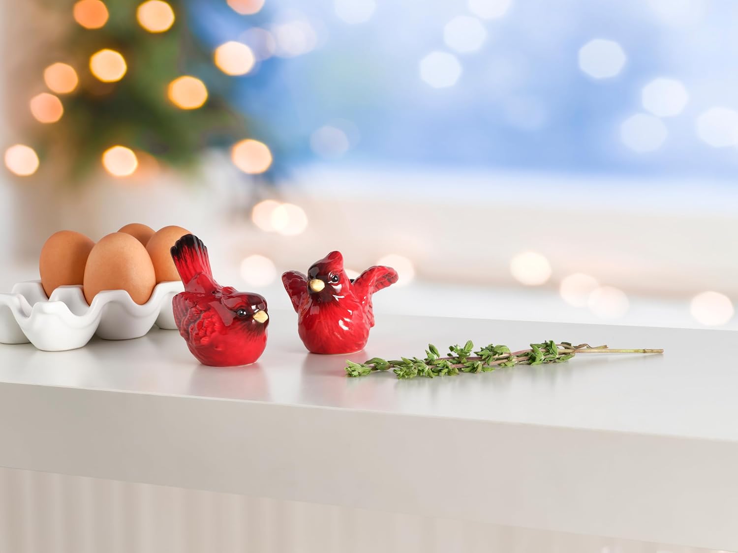 Fitz and Floyd Poinsettia Holiday Cardinal Salt and Pepper Set, Christmas Red Bird Countertop Shakers for Seasonal Table, 3 inch and 3.25 inch