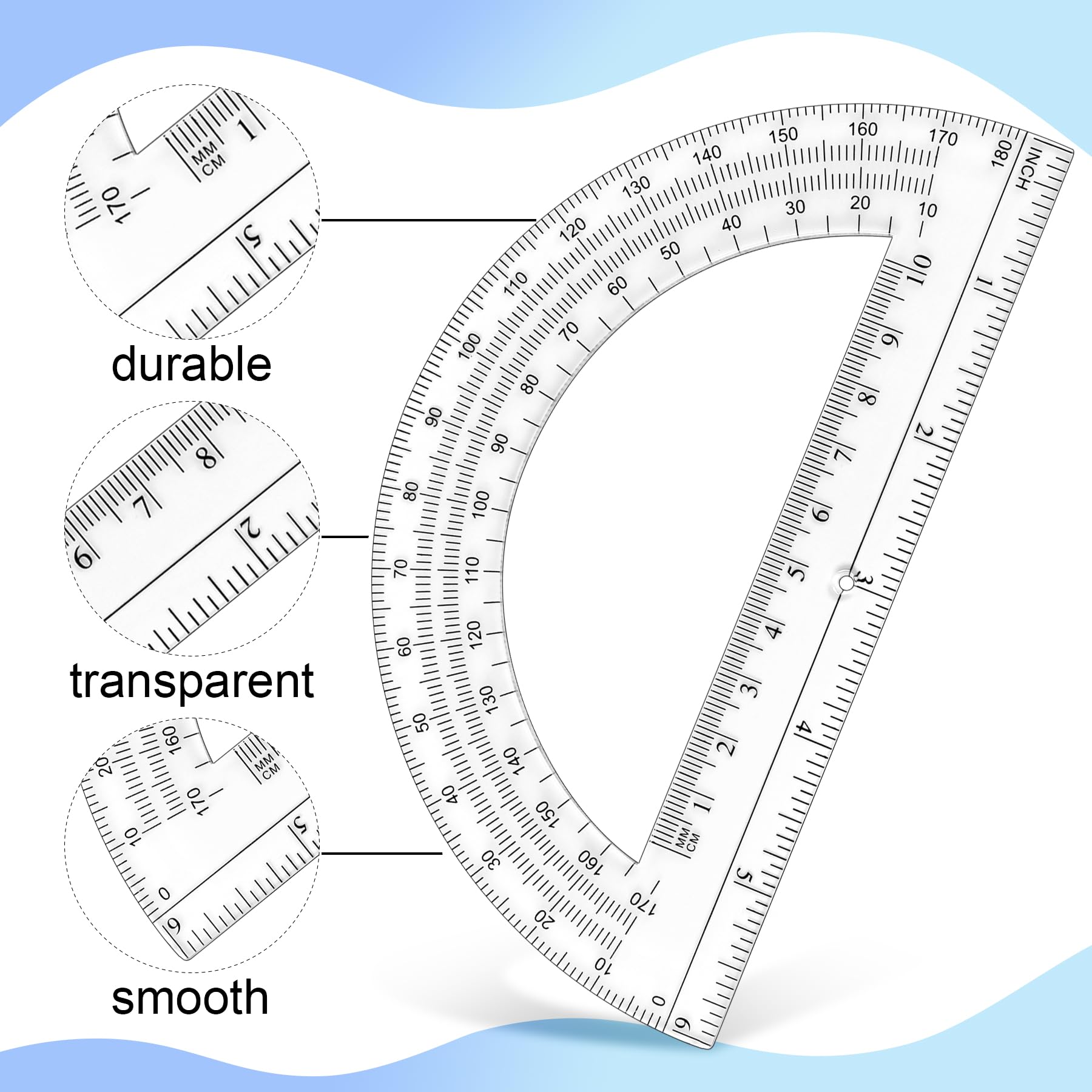 Unjoo Winkelmesser aus Kunststoff, 180 Grad, für Geometrie, Klassenzimmer, Studenten, Schule, Bürobedarf, 15,2 cm, 2 Stück (transparent)