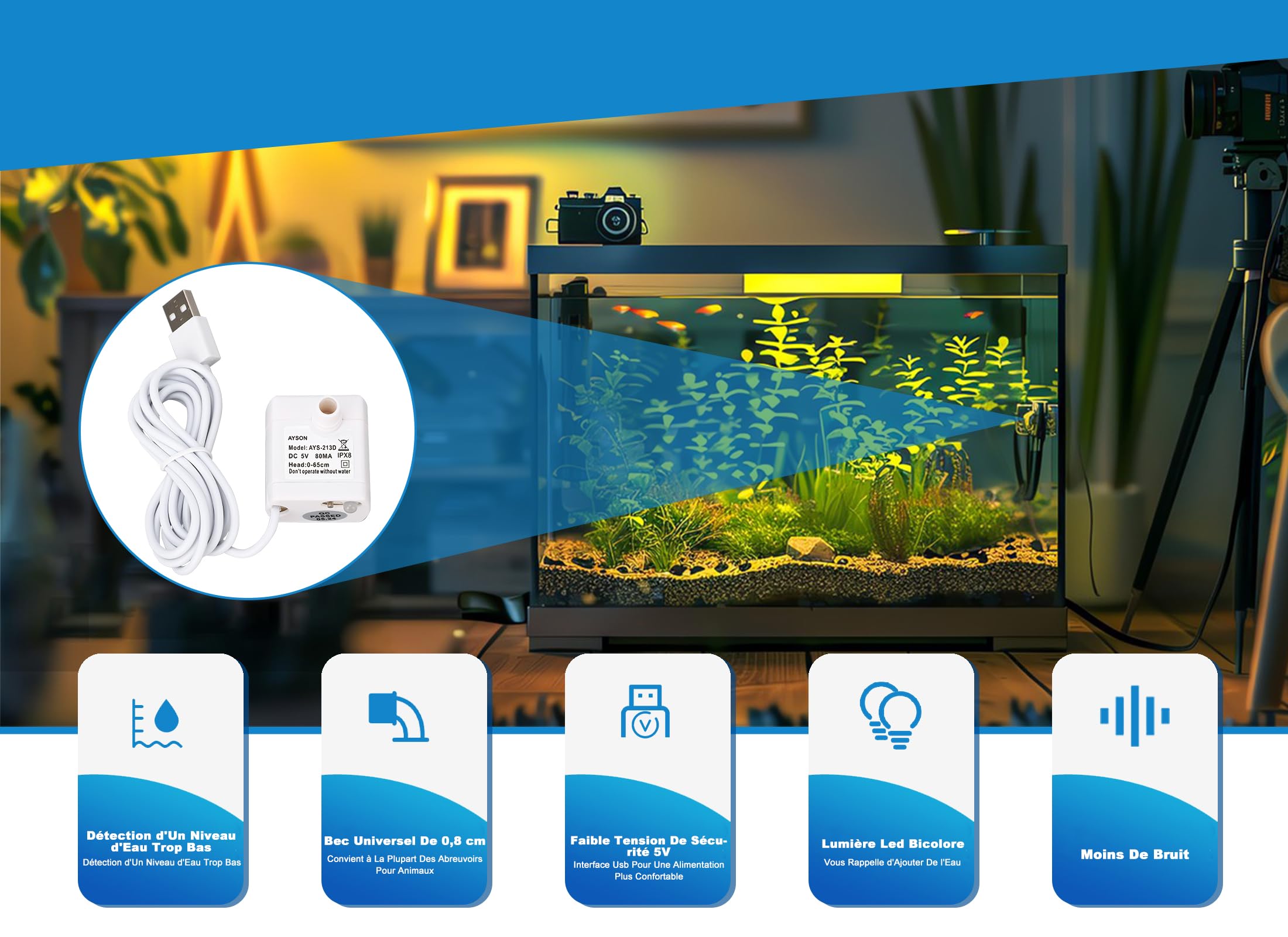 Fontaine pour Animaux USB Super Silencieuse Débit d'Eau Réglable Pompe de Fontaine Chat Chien
