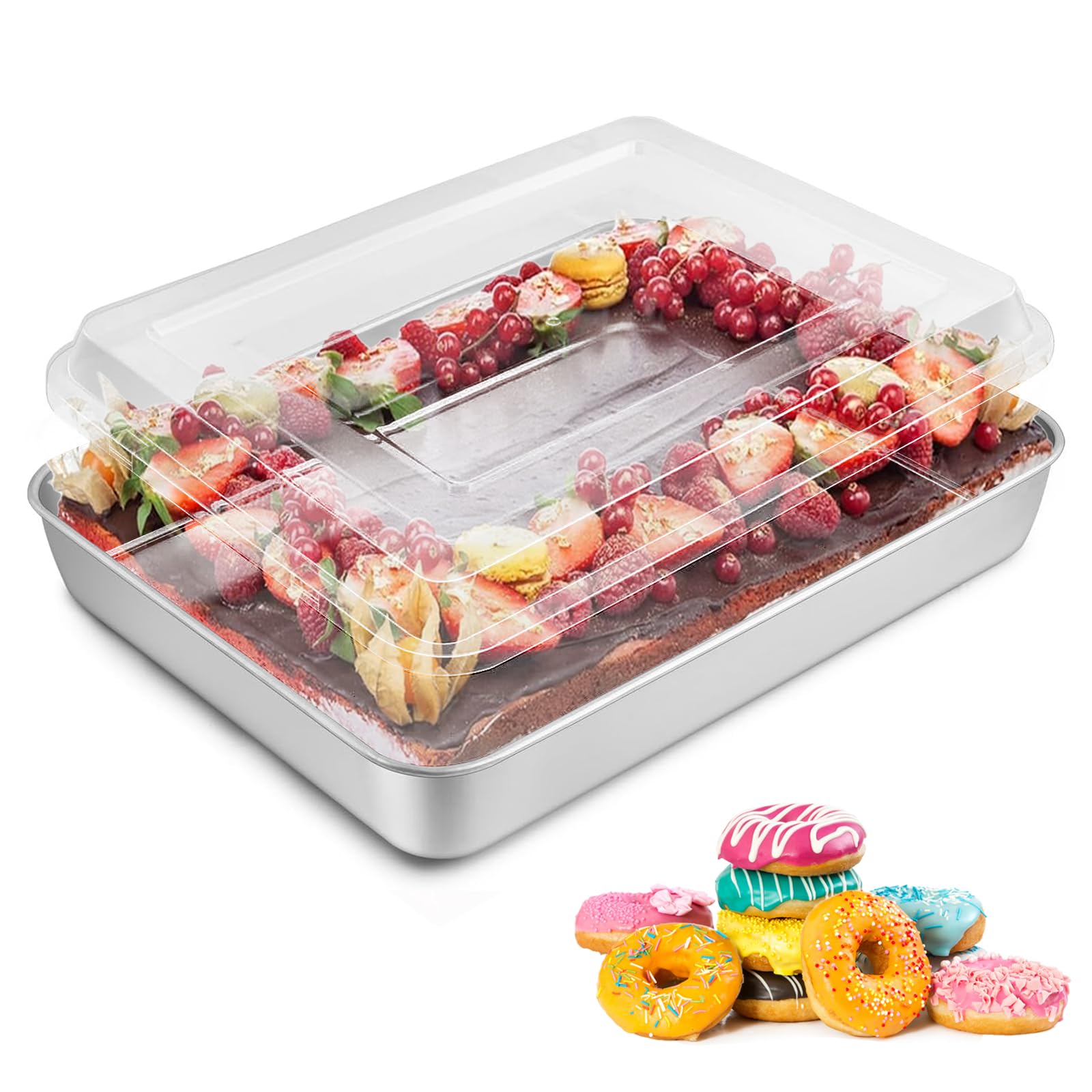 Molde para Tartas, de Acero Inoxidable con Tapa Hermética, 25 x 20 x 5 CM, Bandeja Rectangular para Hornear, para Guardar Pasteles, Brownie, Lasaña, Resistente y Apto para Lavavajillas