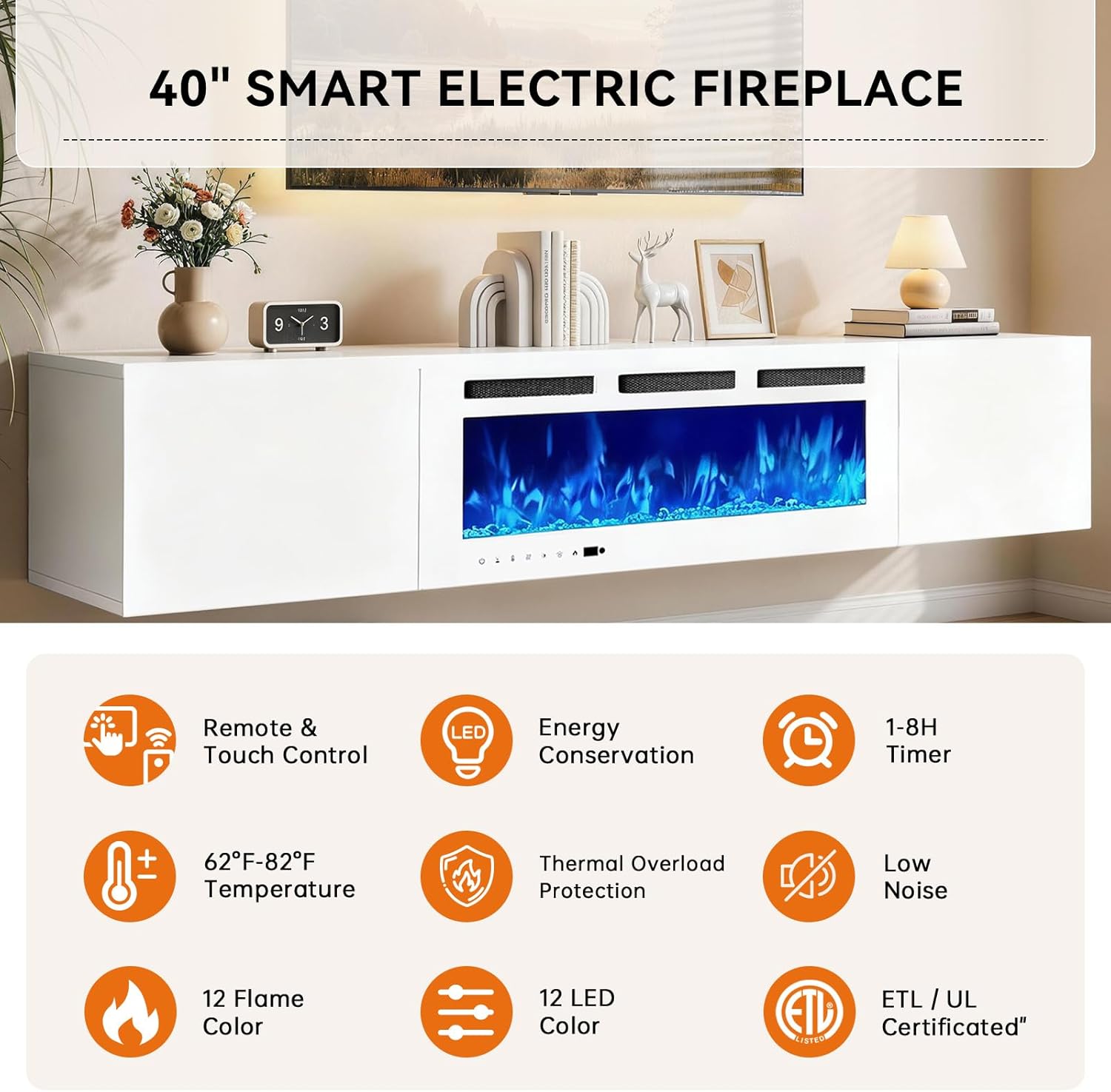 80" Floating Fireplace TV Stand, White Entertainment Center & White Electric Fireplace, High Gloss Doors, Floating TV Console Wall Mounted, Suitable for TVs up to 90 Inches
