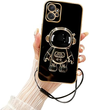 Case for Motorola Moto G Power 5G 2023 with 6D Plating Astronaut Hidden Stand and Lanyard Strap Soft TPU Shockproof Protective Cover Luxury Case for Moto G Power 2023 Phone Case - Black