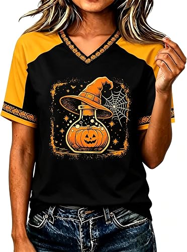 Halloween Raglan Sleeve Shirt for Women Pumpkin Graphic Colo