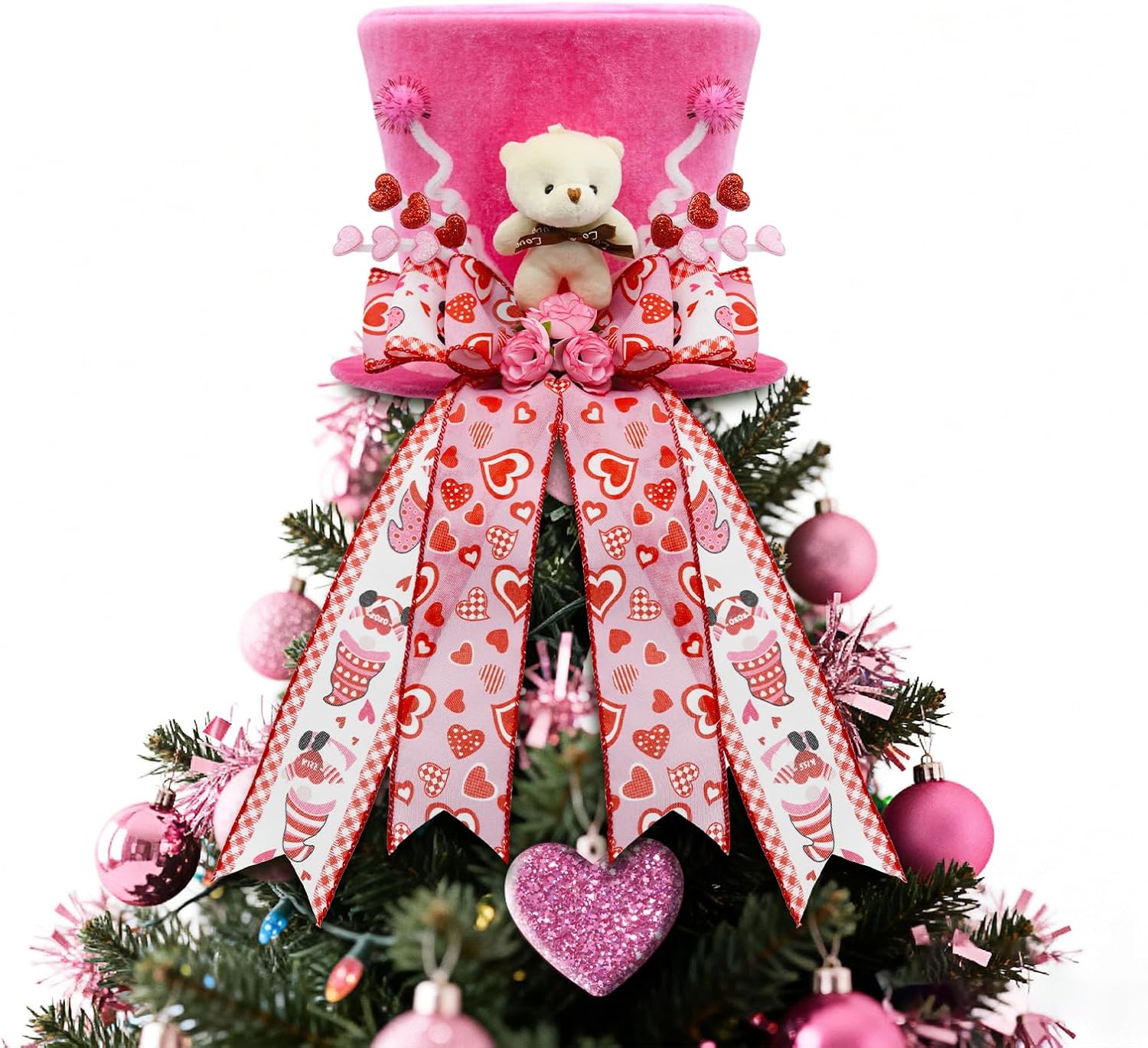 Valentine Tree Topper Hat, Pink Valentines Day Decorations Tree Topper with Plush Bear and Heart Bows, Valentines Ornaments Party Decor