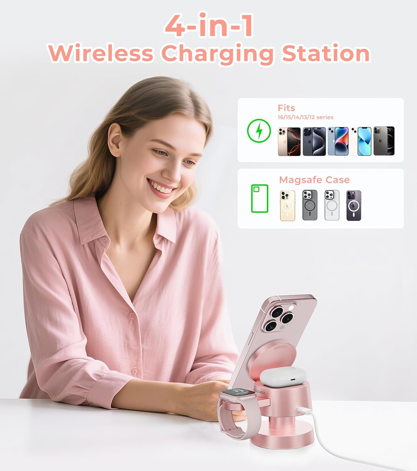 4-in-1 Magnetic Wireless Charging Station for iPhone 17/16/15/14 Pro Max, with Night Lamp and 20W Adapter Wireless Charging Station Fast Charging for Apple Watch, Earphones & Multiple Devices