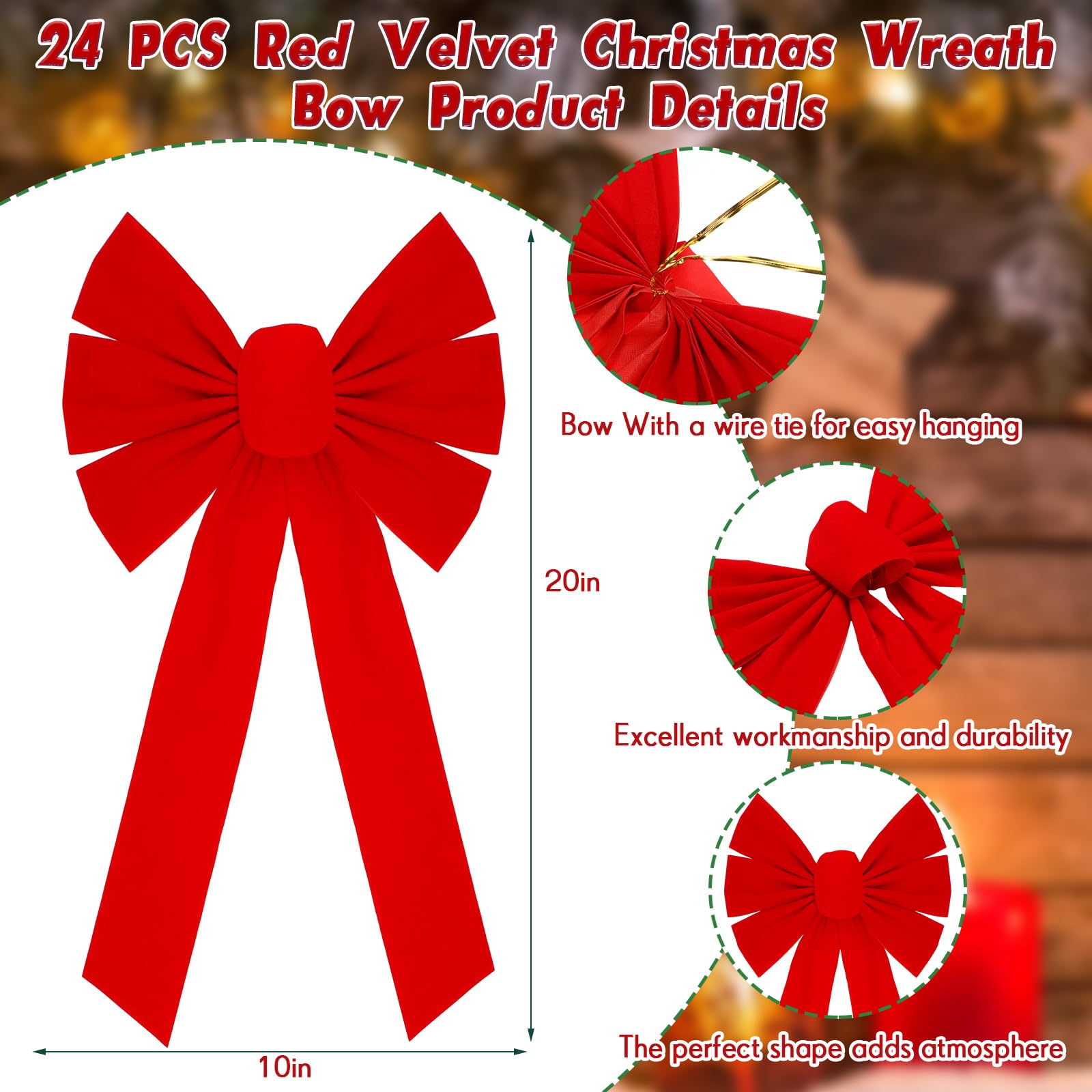 Hoteam Large Christmas Velvet Bows 10 x 20 Inch Christmas Wreath Hanging Bow Xmas Tree Topper Bow for Indoor Outdoor Decor Wrapping Crafts DIY Decor Boutique(Red,24 Pieces)