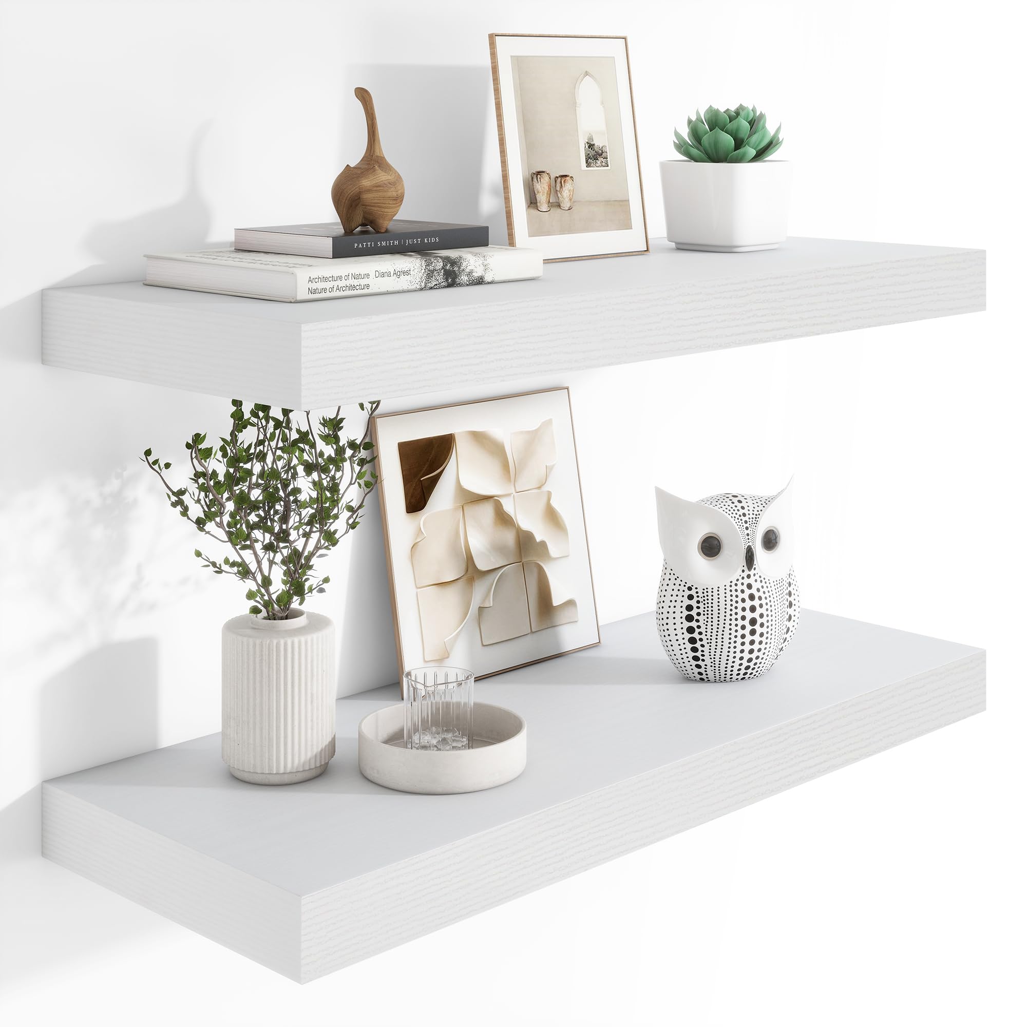 12" Deep Floating Shelves, 36 x 12 Inch Wall Mounted Long Floating Shelf with Invisible Brackets, for Home Decor, Bedroom, Kitchen, Living Room, Bathroom - 2 Pack, White
