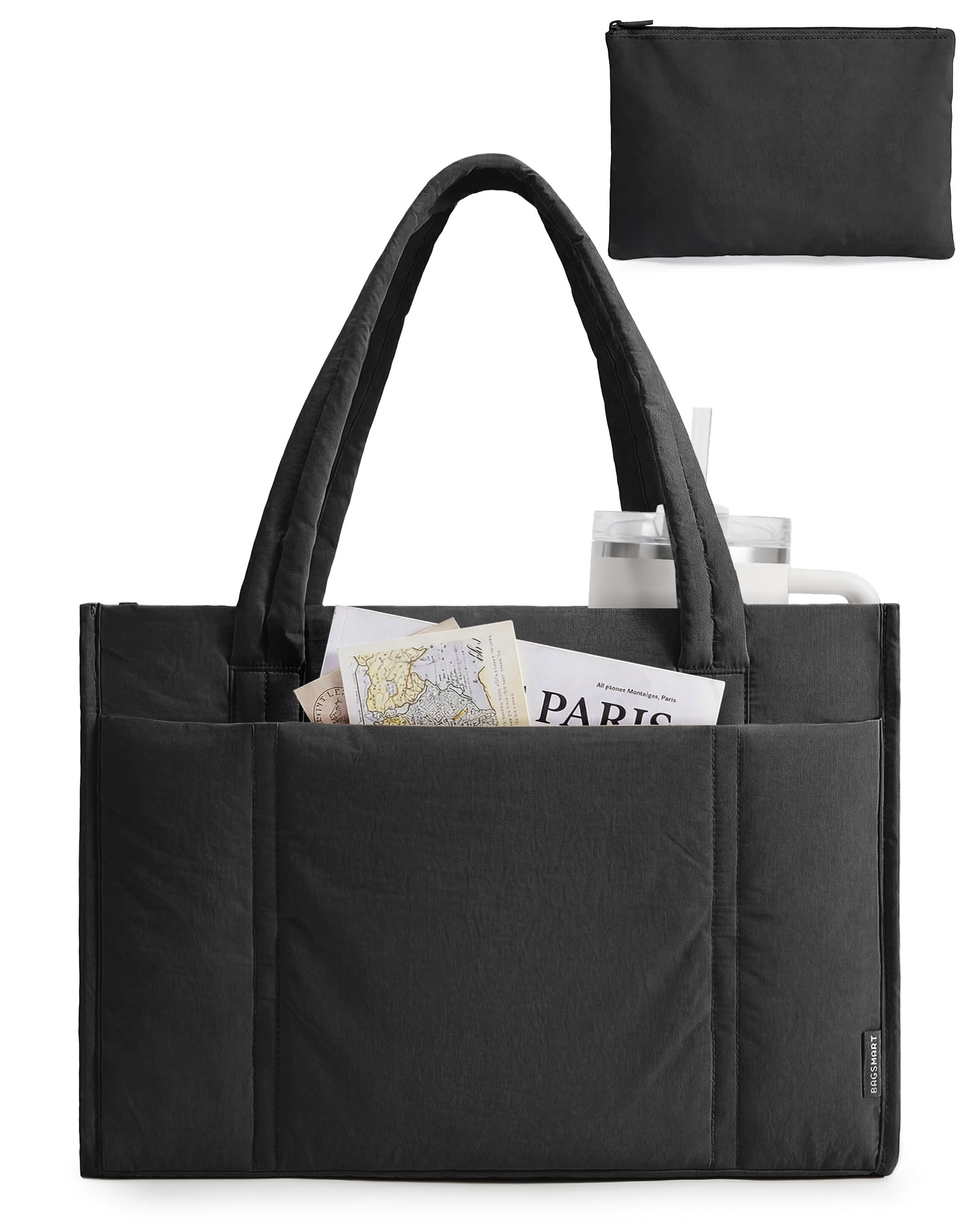 BAGSMART Tote Bag for Women, 2Pc Puffer Tote Bag Set with Zipper, Quilted Large Work Teacher Bag for Travel - 2