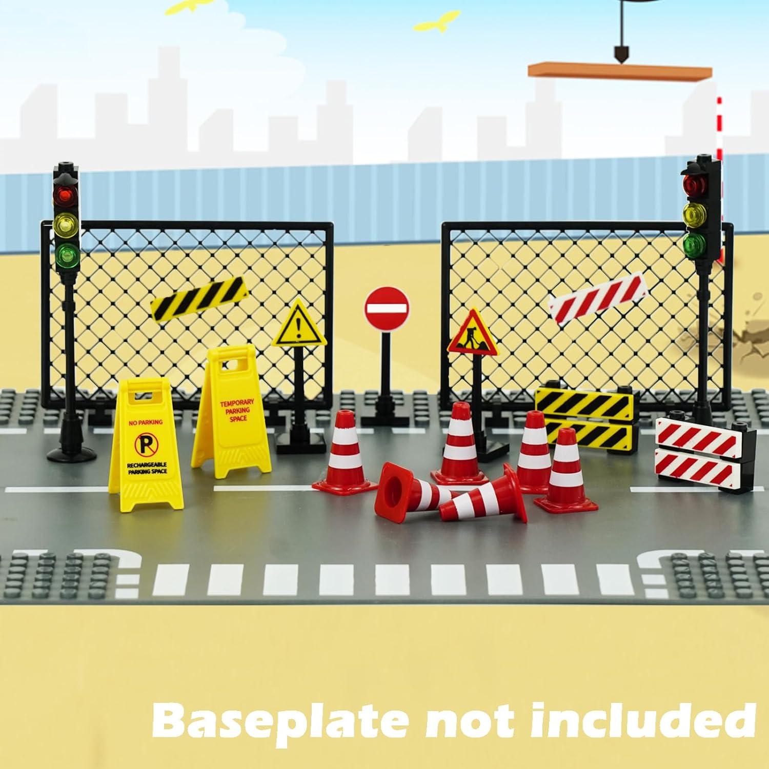 City Road Signs Bricks Accessories, Construction Site Street Signs, Mini Traffic Cones & Crosswalk Signal Toys for Kids Building Blocks Toys for Boys