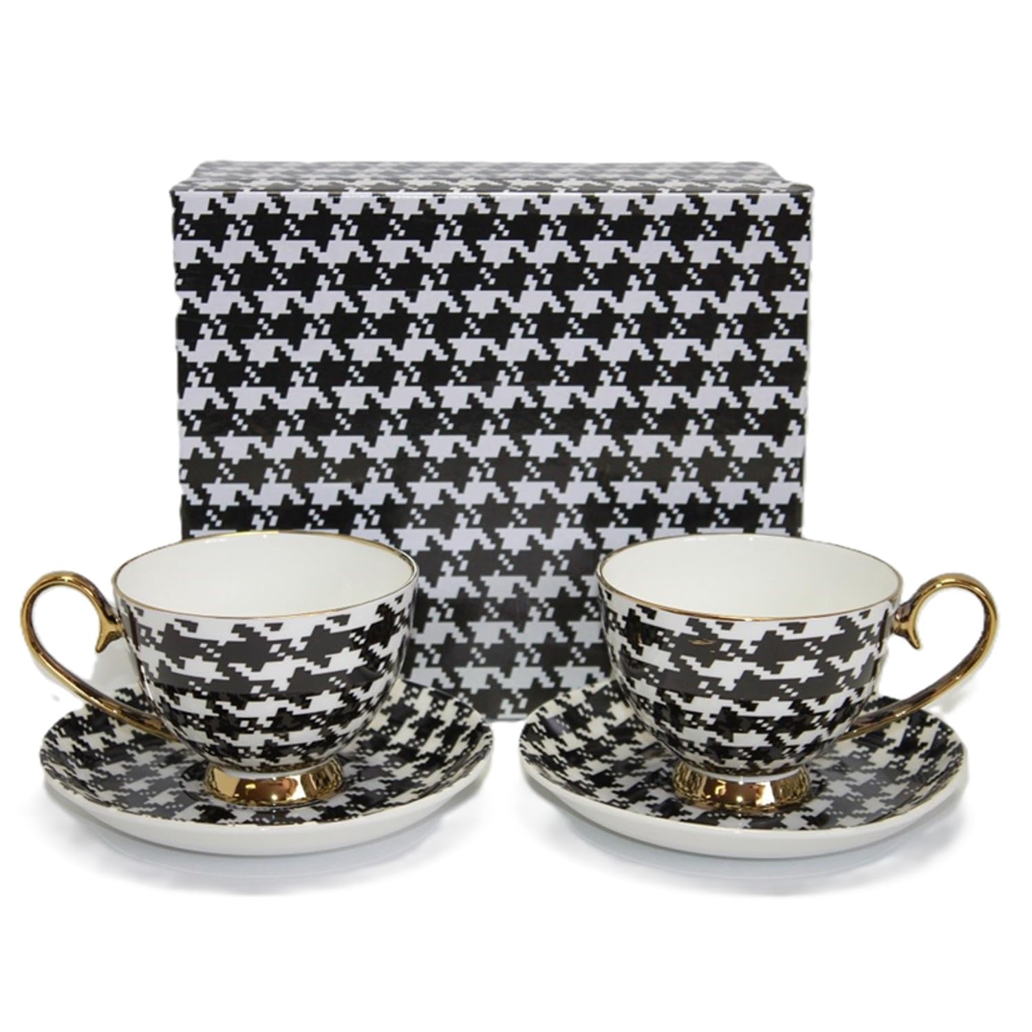 Set di 2 Tazzine da Caffè in Porcellana con Piattino, Motivo Pied de Poule Bianco e Nero, Dettagli Dorati, Elegante Confezione Regalo