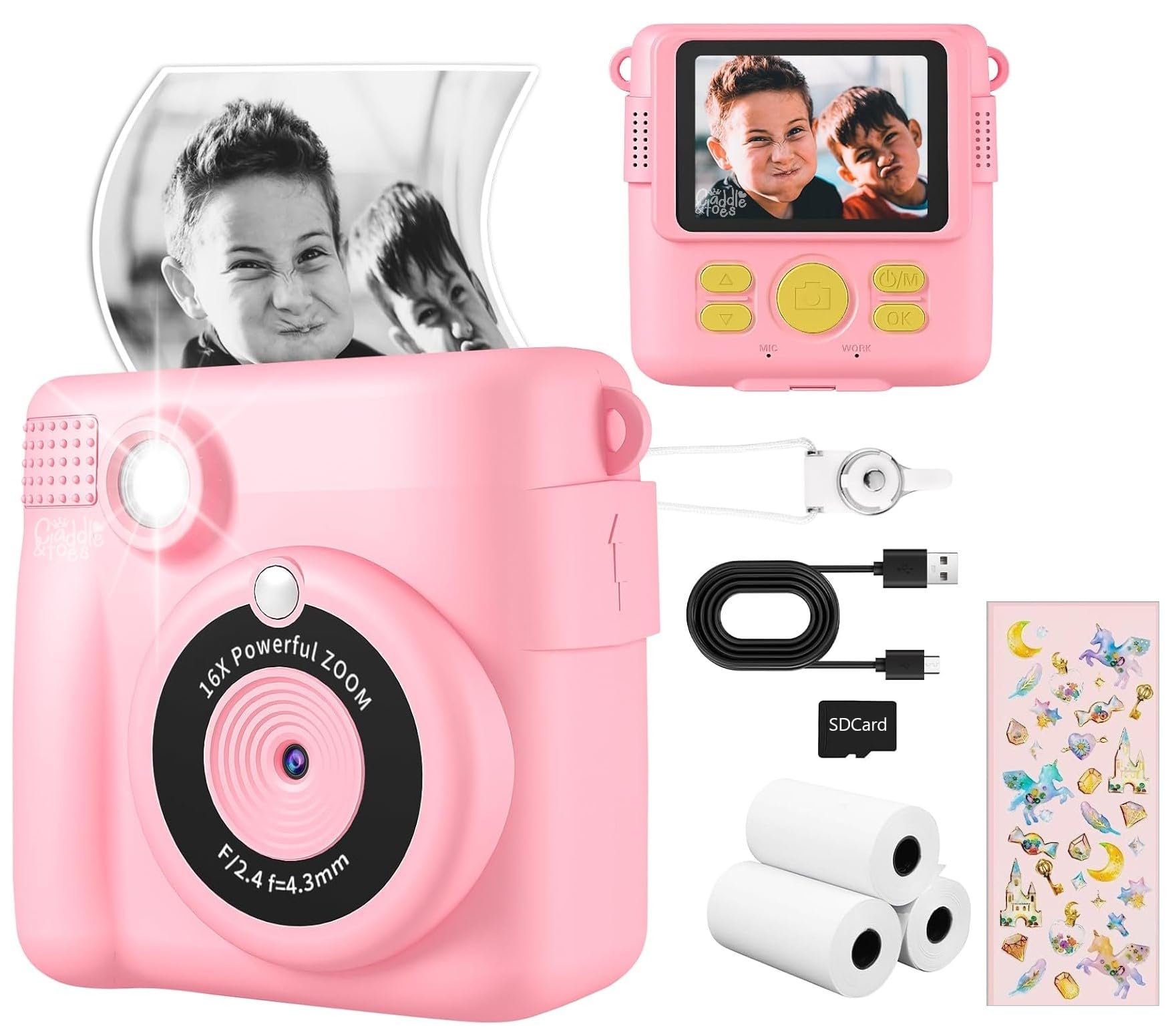 CADDLE & TOES Children's Camera - Instant Print Camera 1080P 2.4-inch Screen Digital Children's Video Recorder, 16x Digital Zoom, 4GB TF Card, with 3 Rolls of Paper (Pink)