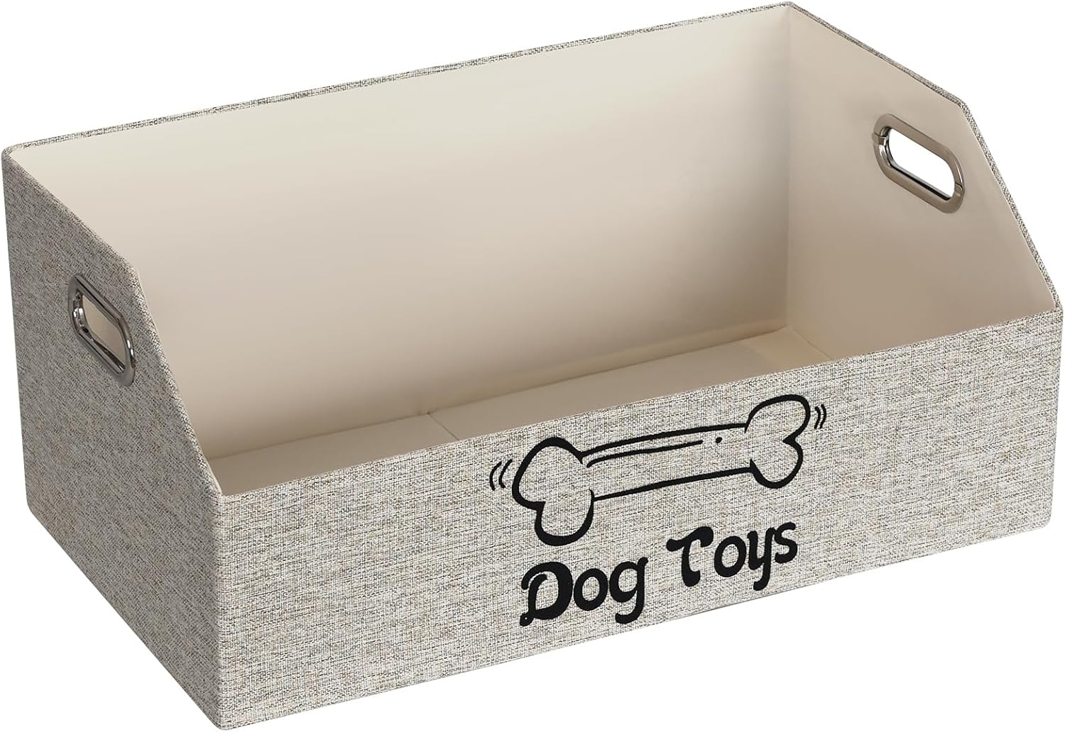 Dog Toy Basket, Puppy Toys Storage Organizer Box Foldable Trapezoid Fabric Bin Pet Supplies Holder Container with Metal Handles for Organizing Dogs Chew Toys Blankets Leashes, Beige