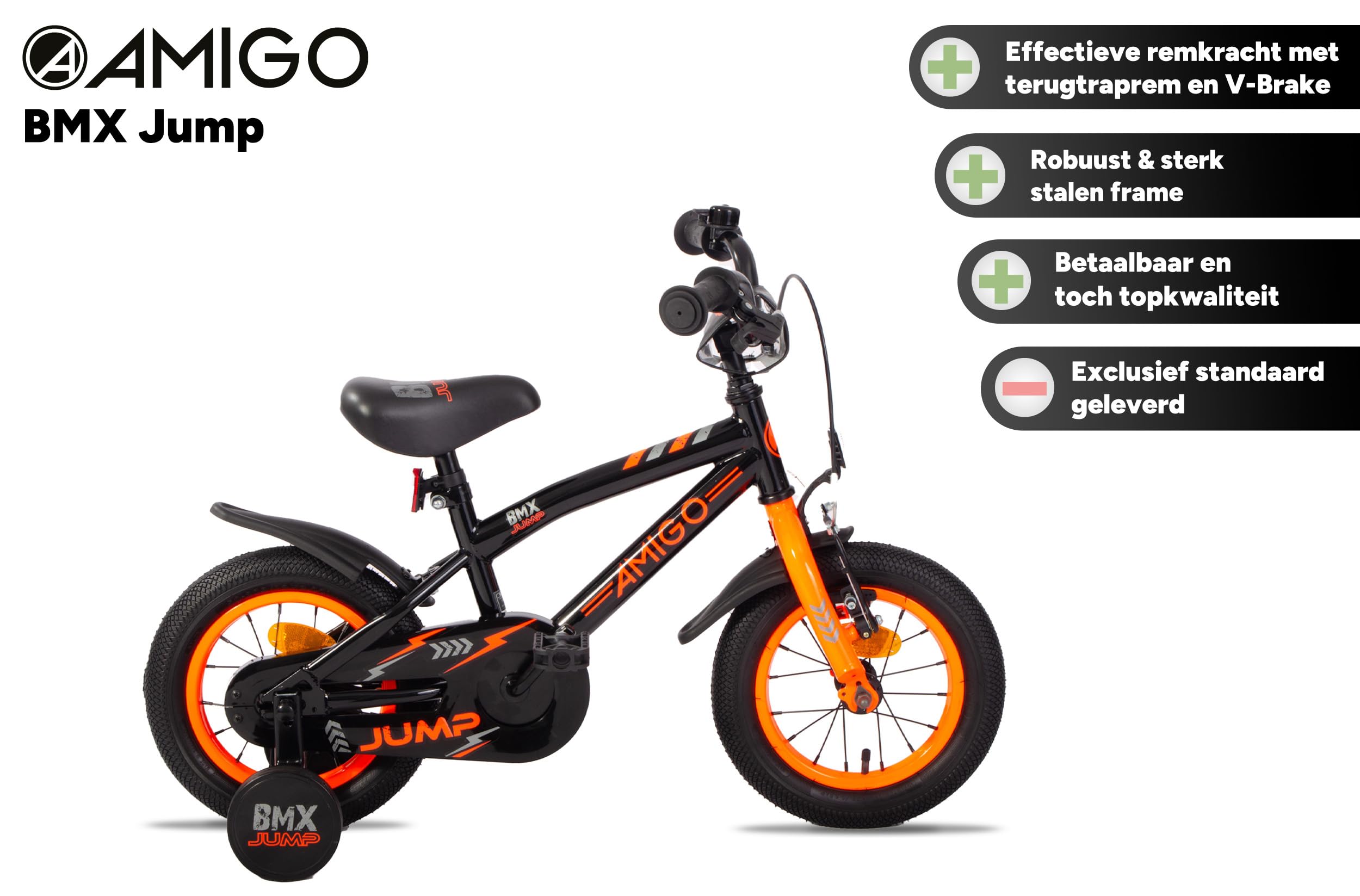 AMIGO BMX Jump – Bicicleta infantil para niños – 12 pulgadas – con freno de contrapedal y freno en V y ruedas estabilizadoras – a partir de 3 – 4 años – Negro/Naranja