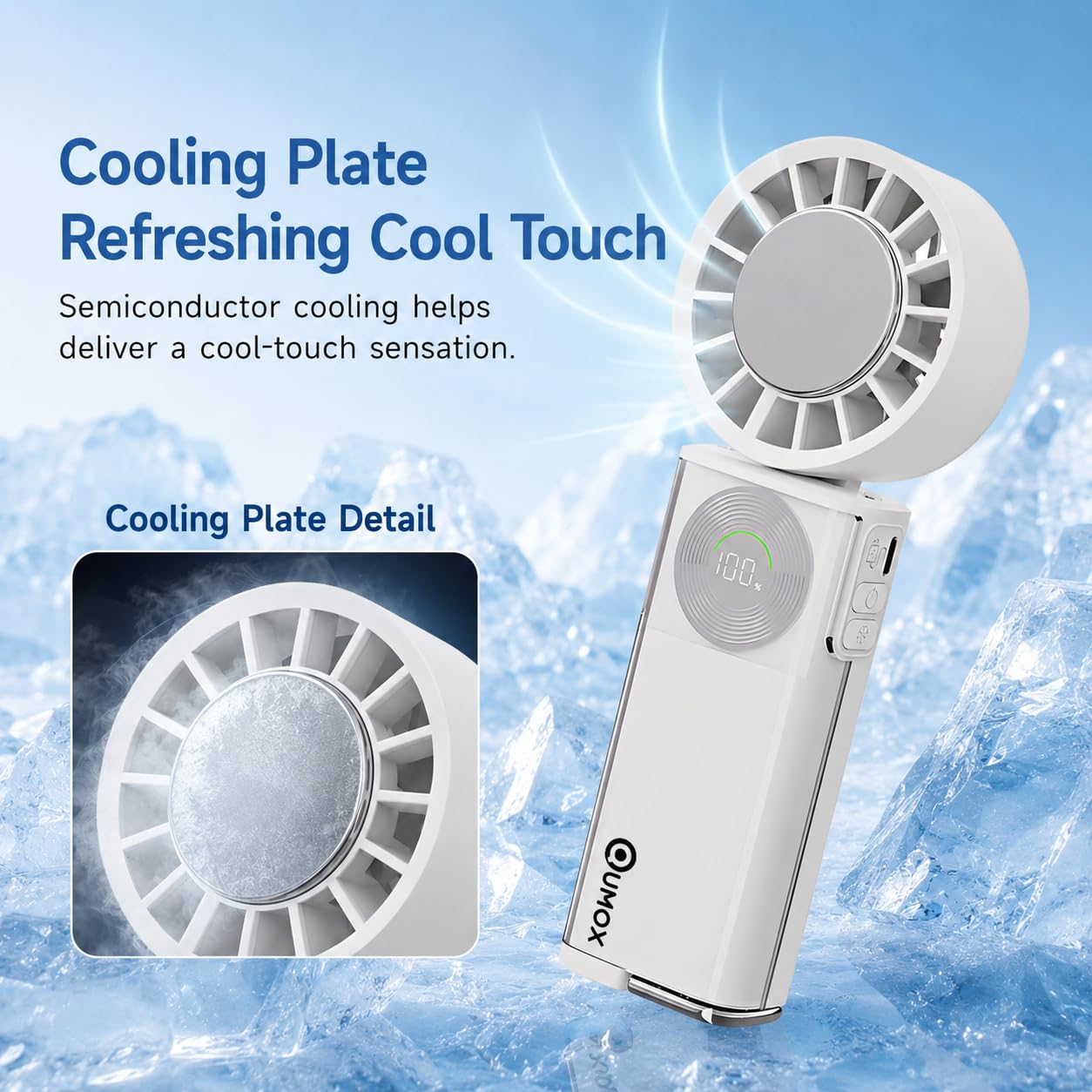 QUMOX Ventilatore Portatile con Raffreddamento a Contatto, Ventilatore Ricaricabile USB-C 100 Velocità con Piastra Fredda, Batteria 6000mAh, Display Digitale Pieghevole da Mano e da Scrivania (Bianco)