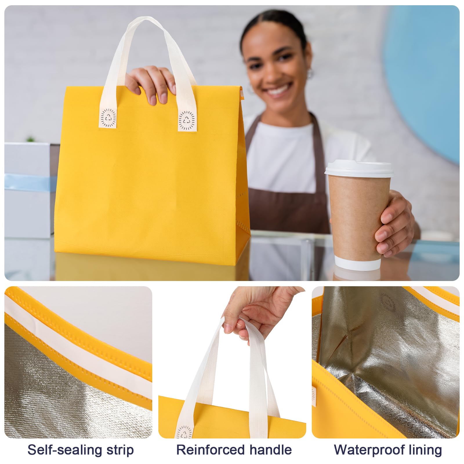 FoldTier 50 bolsas aisladas para llevar, bolsas de alimentos con aislamiento térmico a granel para café, leche, té, alimentos fríos calientes, mariscos frescos, bolsas de entrega de pizza, para