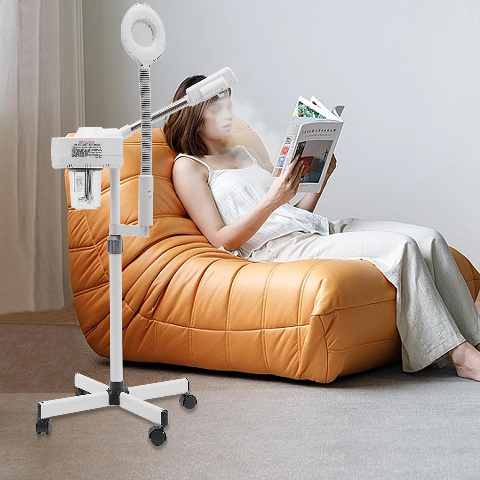 750 W Vapozone Vapor Facial 2 en 1 Vapor Cara con Luz LED Estética Profesional Ajustable en Altura Boquilla Giratoria 360 ° Adecuado para Salón de Belleza y Casa