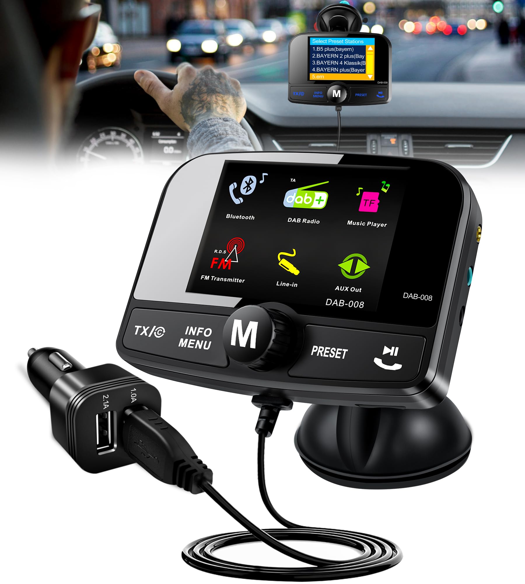 DeeprBlu Adattatore DAB/DAB+ Per Auto Con Trasmettitore FM Bluetooth, Display 2,3'', Uscita AUX, Doppia Ricarica USB E Lettore TF – Suono Cristallino In Digitale