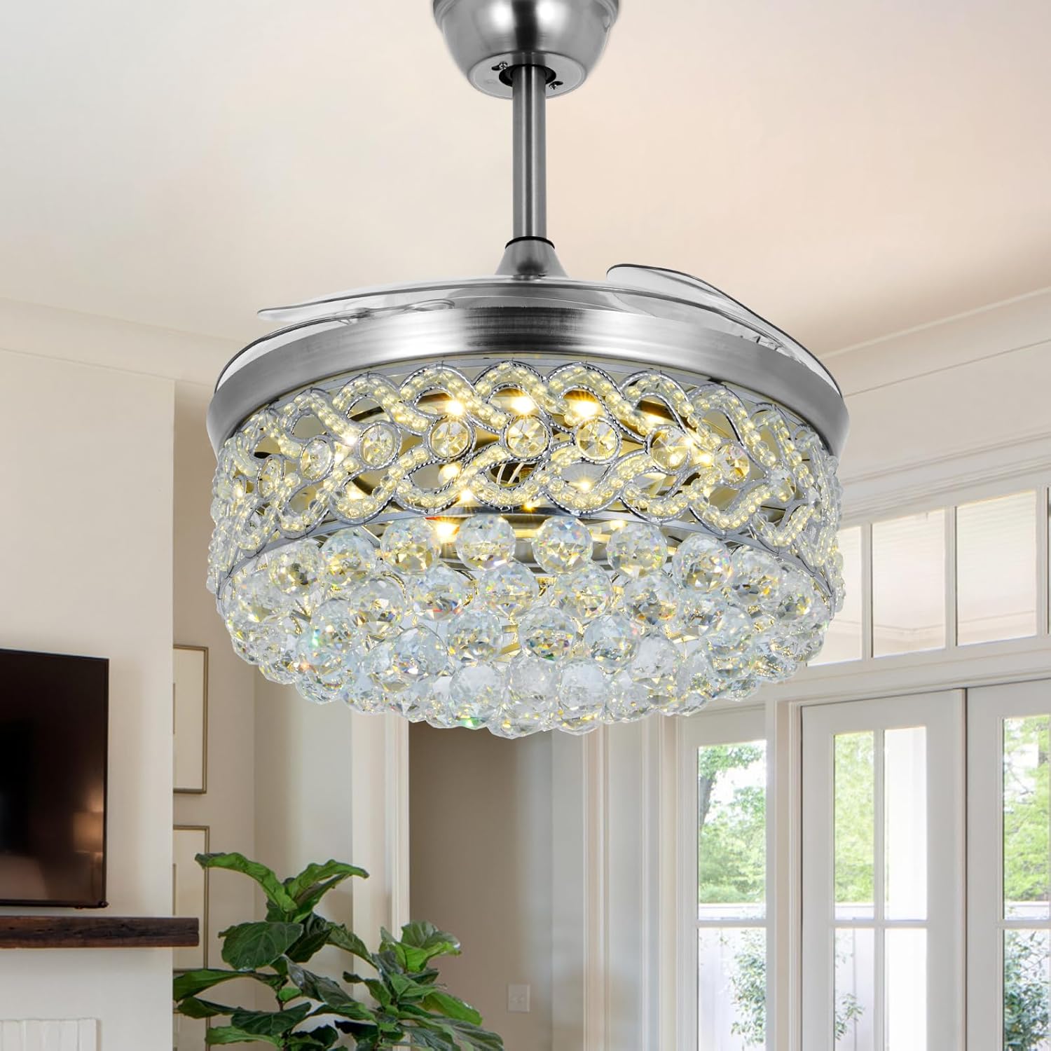 MORE CHANGE 42" Crystal Ceiling Fan with Light Remote Control, Modern Silver Fandelier Ceiling Fan with Retractable Blades 3 Colors Change 3 Speeds Chandelier Fan for Living Dining Room