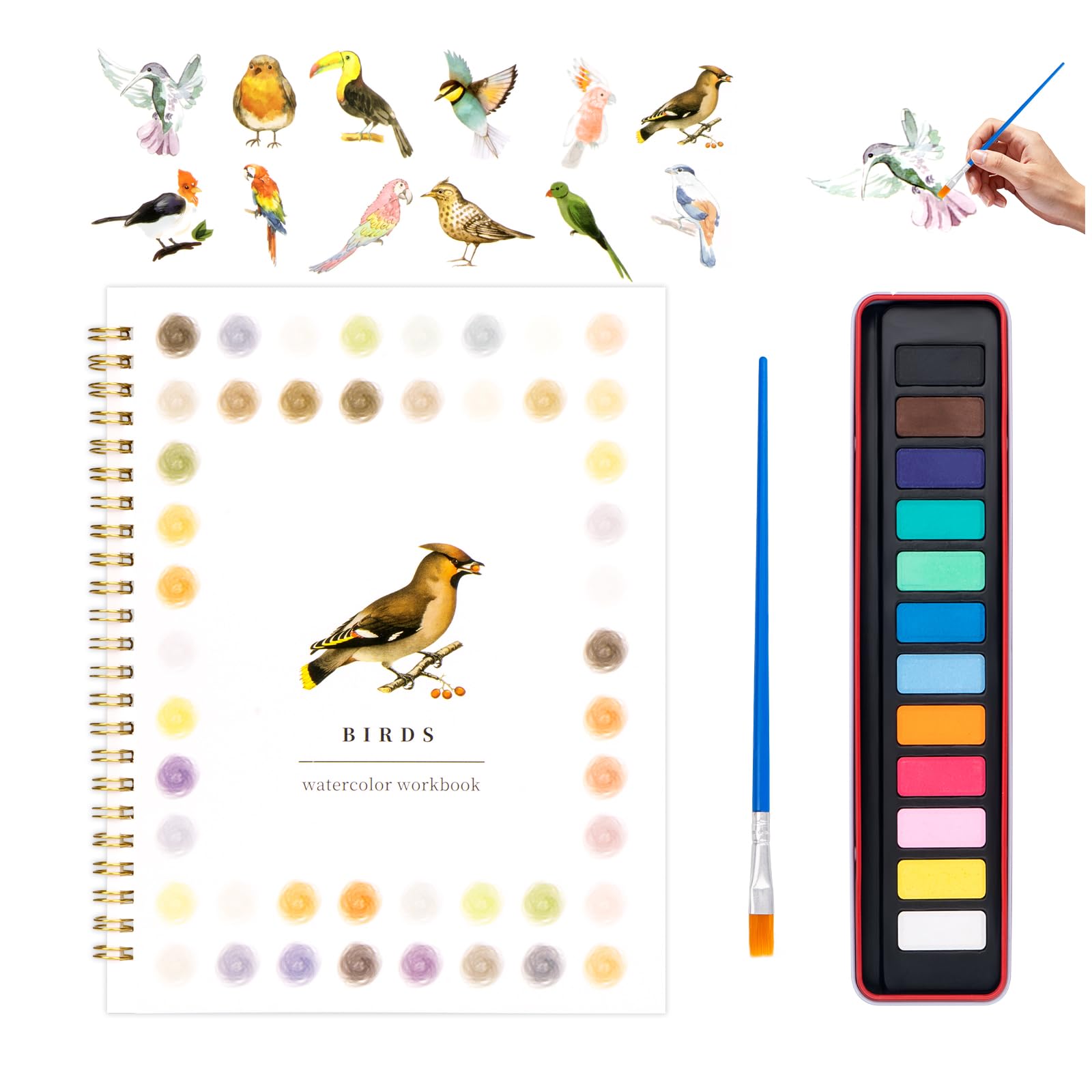 Watercolor Workbook for Adults, Beginner Friendly Watercolor Painting Kit Birds Water Coloring Book, Nature-Themed Practice Art Gift Water Color Paint Book with Palette and Brush