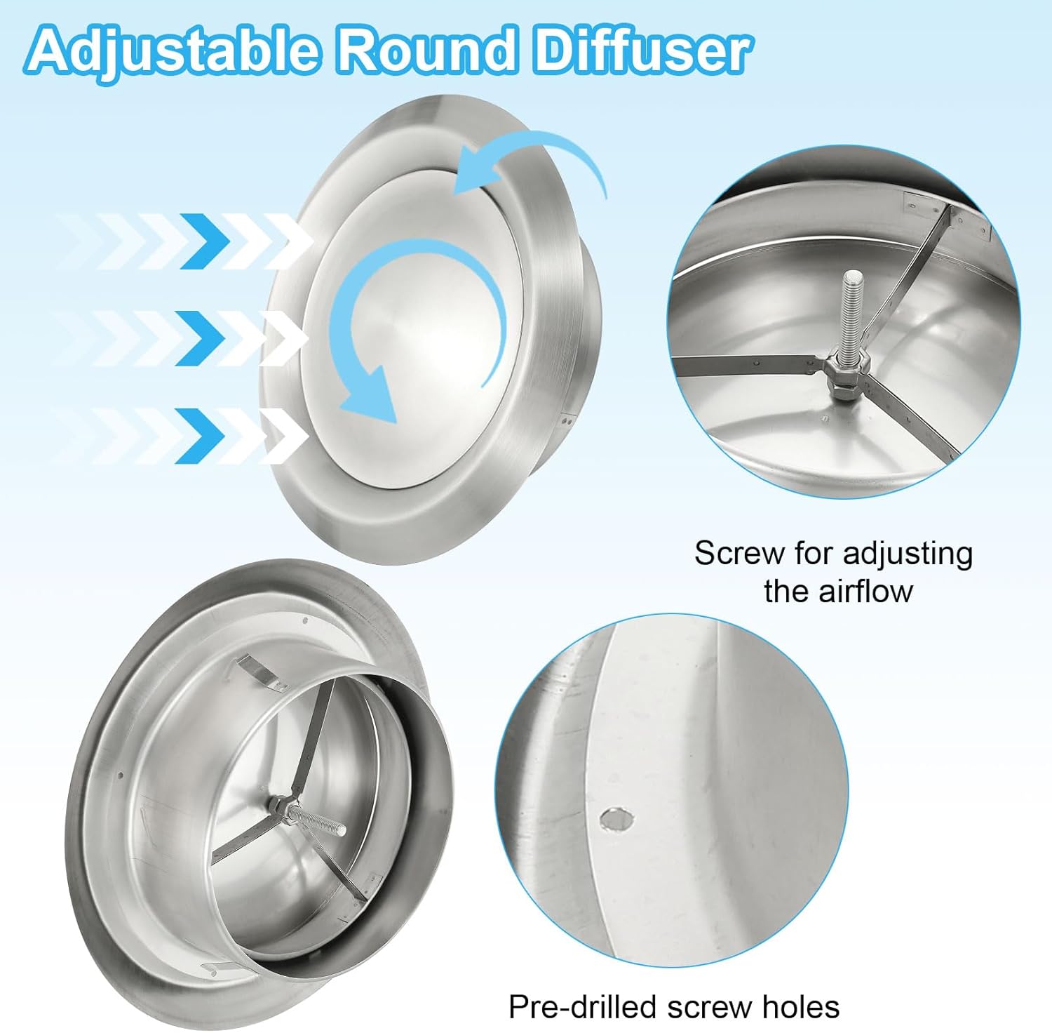 PATIKIL 8 Inch Round Ceiling Diffuser, 304 Stainless Steel Adjustable Wall Air Vent Diffuser Vent Duct Cover Exhaust Supply for Kitchen Bathroom Garage