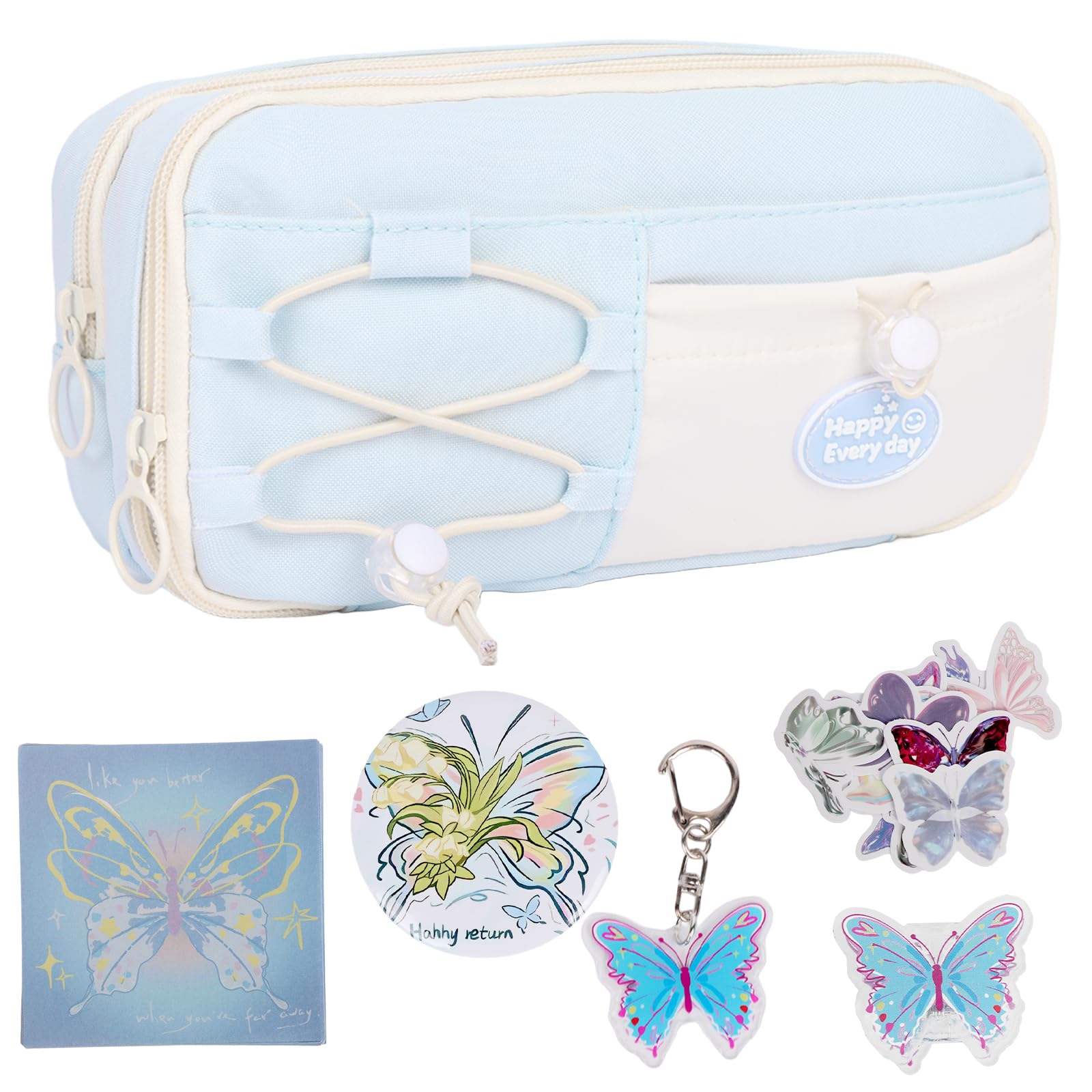 Hittriu Pencil Case, Large Capacity Compartments, with Sticky Notes Stickers Pendant, School Supplies for Boys Girls (Blue)