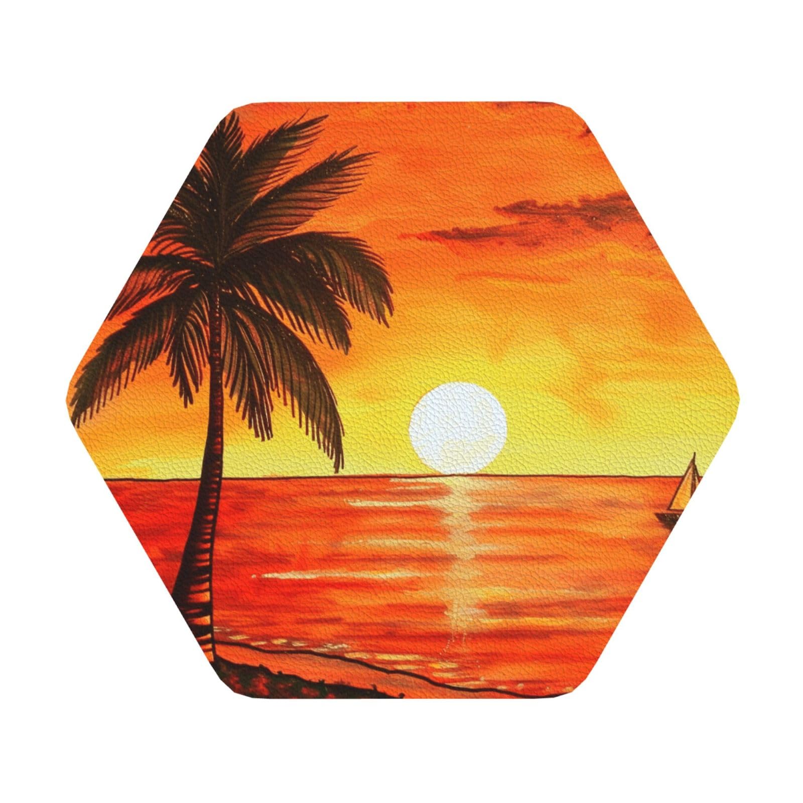 Sunset Palm Tree Printed Coasters for Drinks, Leather Coaster Sets of 4, Funny Coffee Cup Coaster, Absorbent Coaster for Home and Office Kitchen Bar Hexagon