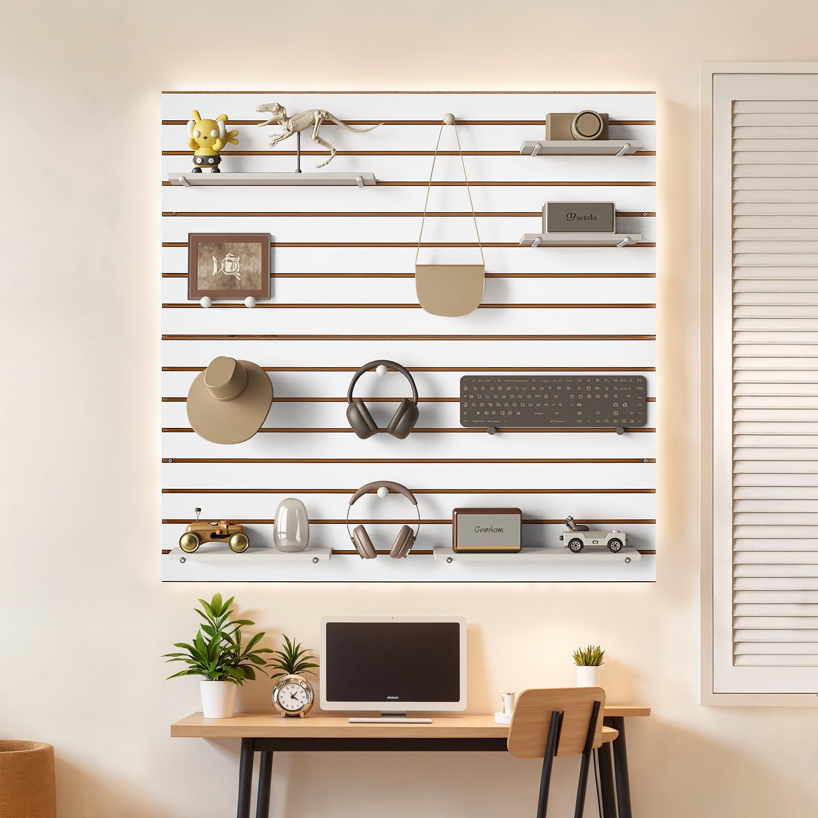 VEVOR Paneles de Pared de Listones 1220 x 1220 x 18 mm, Panel de Listones de Garaje de MDF Diseño Modular con Estructura de Acoplamiento y Corte de Bricolaje para Almacenamiento y Exhibición, Blanco
