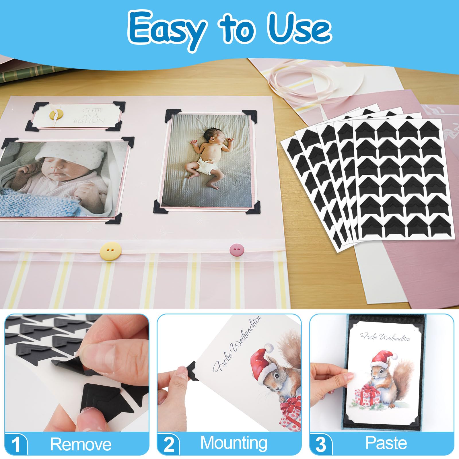432 Stück Fotoecken, selbstklebende Bilderecken, säurefreie Eckaufkleber für Scrapbooking, Foto-Montageecken für DIY-Scrapbook, Fotoalbum, Erinnerungsbücher (schwarz)