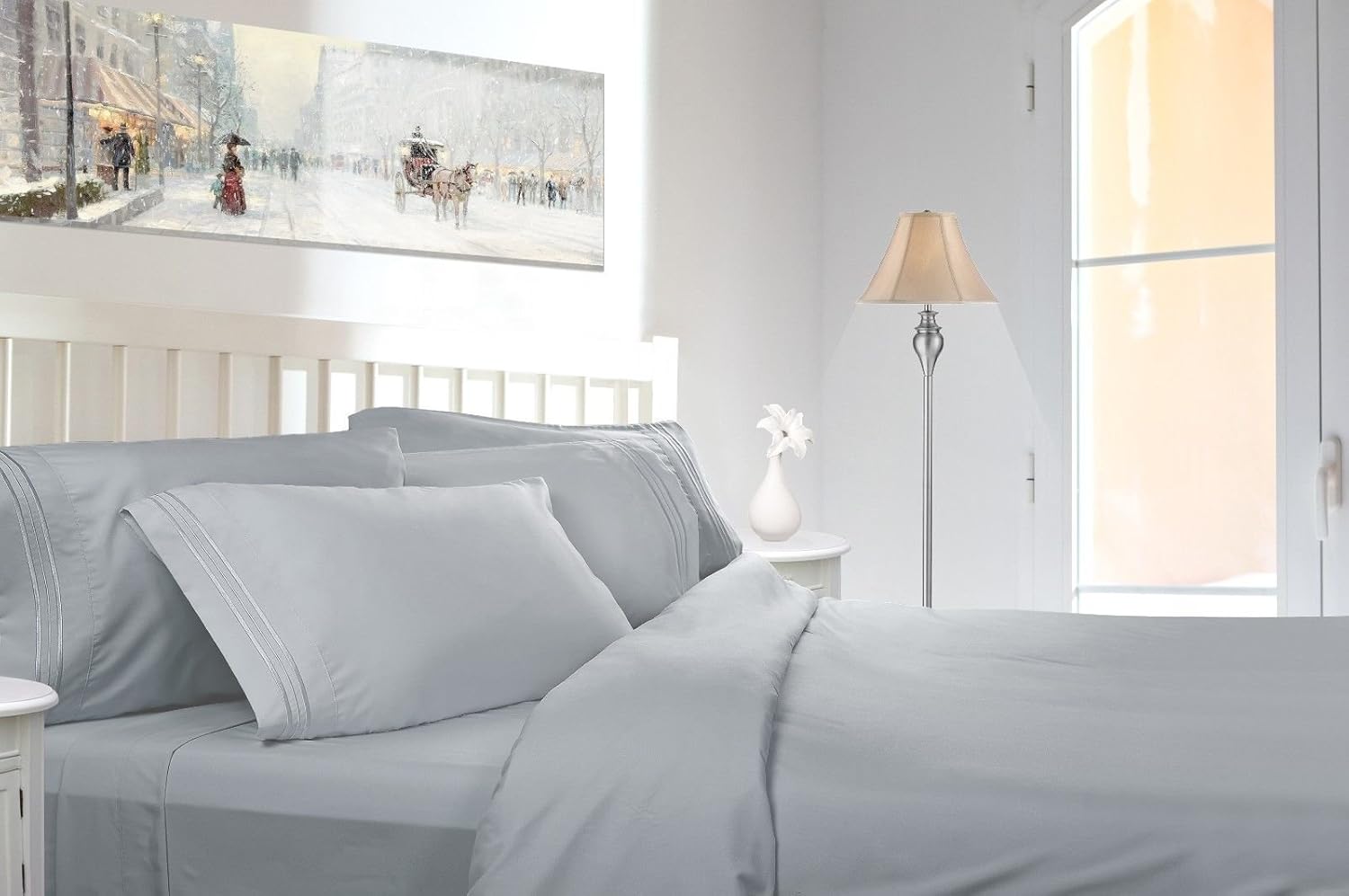 Clara Clark プレミア 1800シリーズ ベッドシーツ4点セット クイーンサイズ 低刺激性 深いポケット クイーン グレー