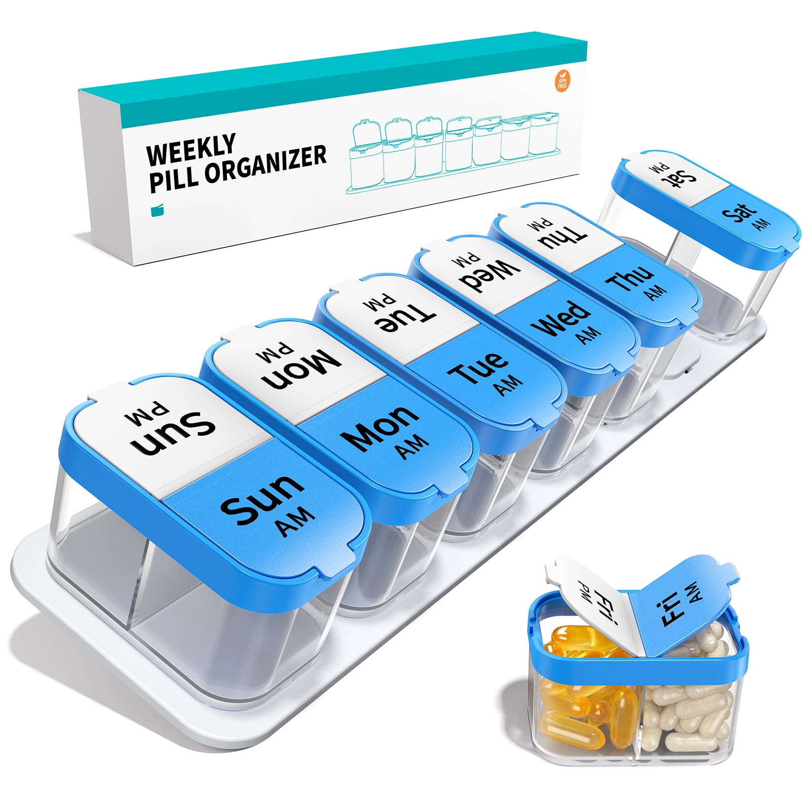 Daviky Large Pill Organizer 2 Times a Day - XL Pill Box 7 Day, Big Vitamin Holder with 7 Detachable AM/PM Compartments, Big Supplement Container for Weekly or Daily Use (Blue)