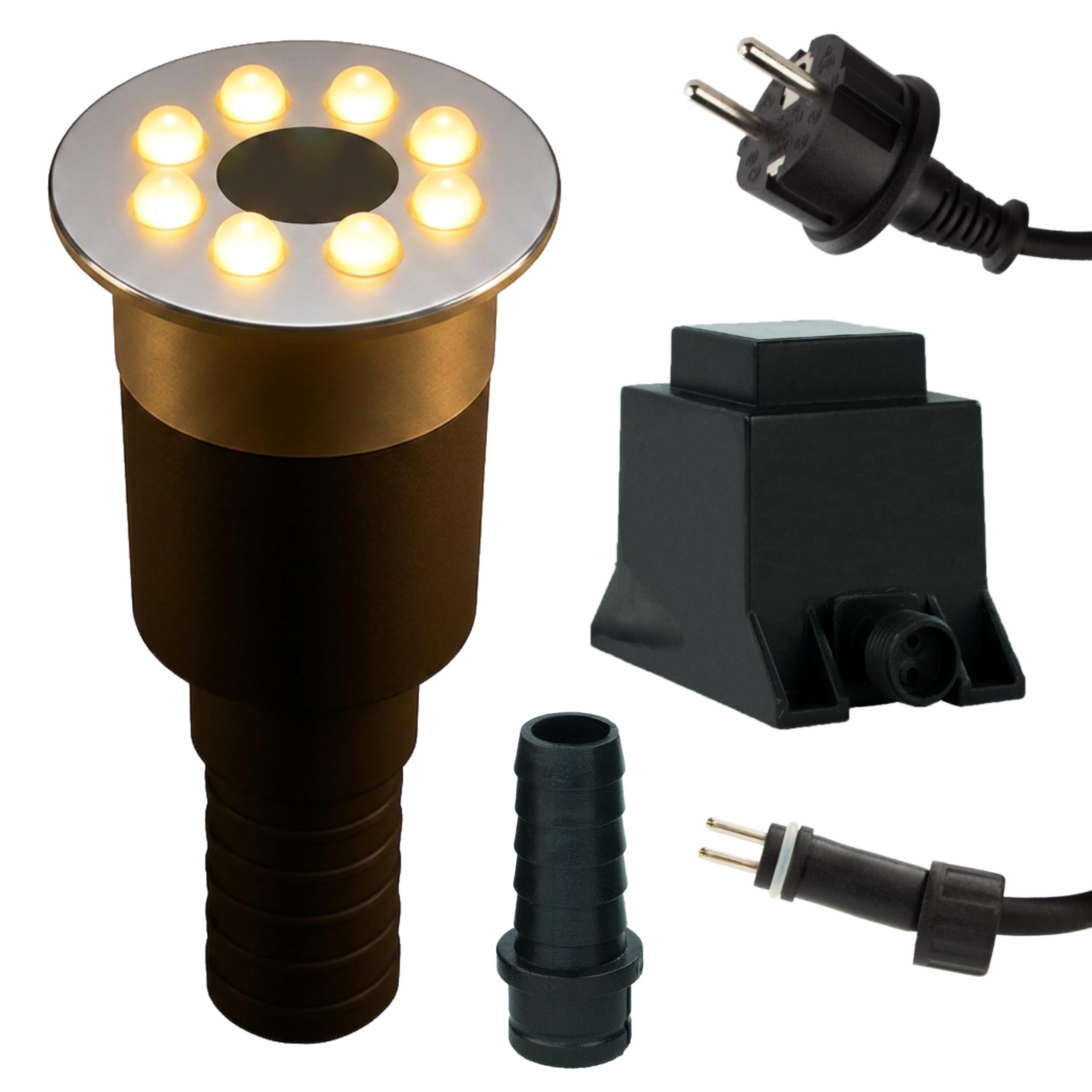 Wasserspielleuchte warmweiß, inkl. Trafo, 0,6 Watt, IP68, 12V, 103 LUX, 650 cm Kabel, 8 LED, LED Ring Brunnen, Wasserspielbeleuchtung | Springbrunnen-Beleuchtung | Quellsteinbeleuchtung