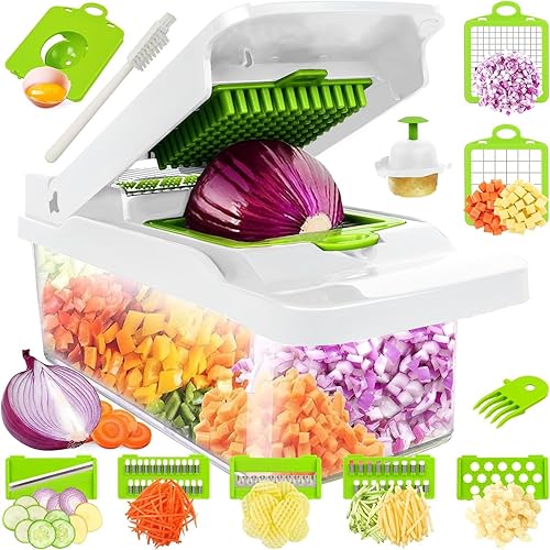 Picador de verduras, picador de alimentos, Pro 12 en 1 Multifuncional Cebolla Veggie Picadora, Picador de verduras con contenedor, cortador de