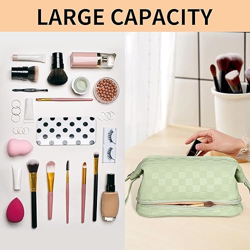 Miniatura 5 de Abiudeng Bolsa de maquillaje grande, bolsa de cosméticos de doble capa, bolsa de maquillaje de viaje, bolsa de maquillaje de cuero, bolsas de viaje