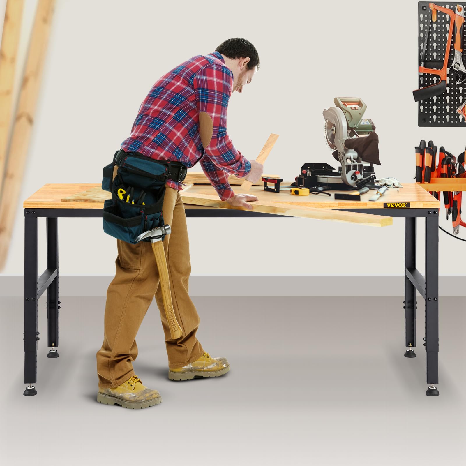 VEVOR Établi réglable, 1220 x 510 mm, Table de Travail de Garage, hauteurs de 720-970 mm, capacité de 900 kg, avec Prises de Courant, Plateau en Bois Dur, Cadre en métal et Patins de Pied pour Bureau