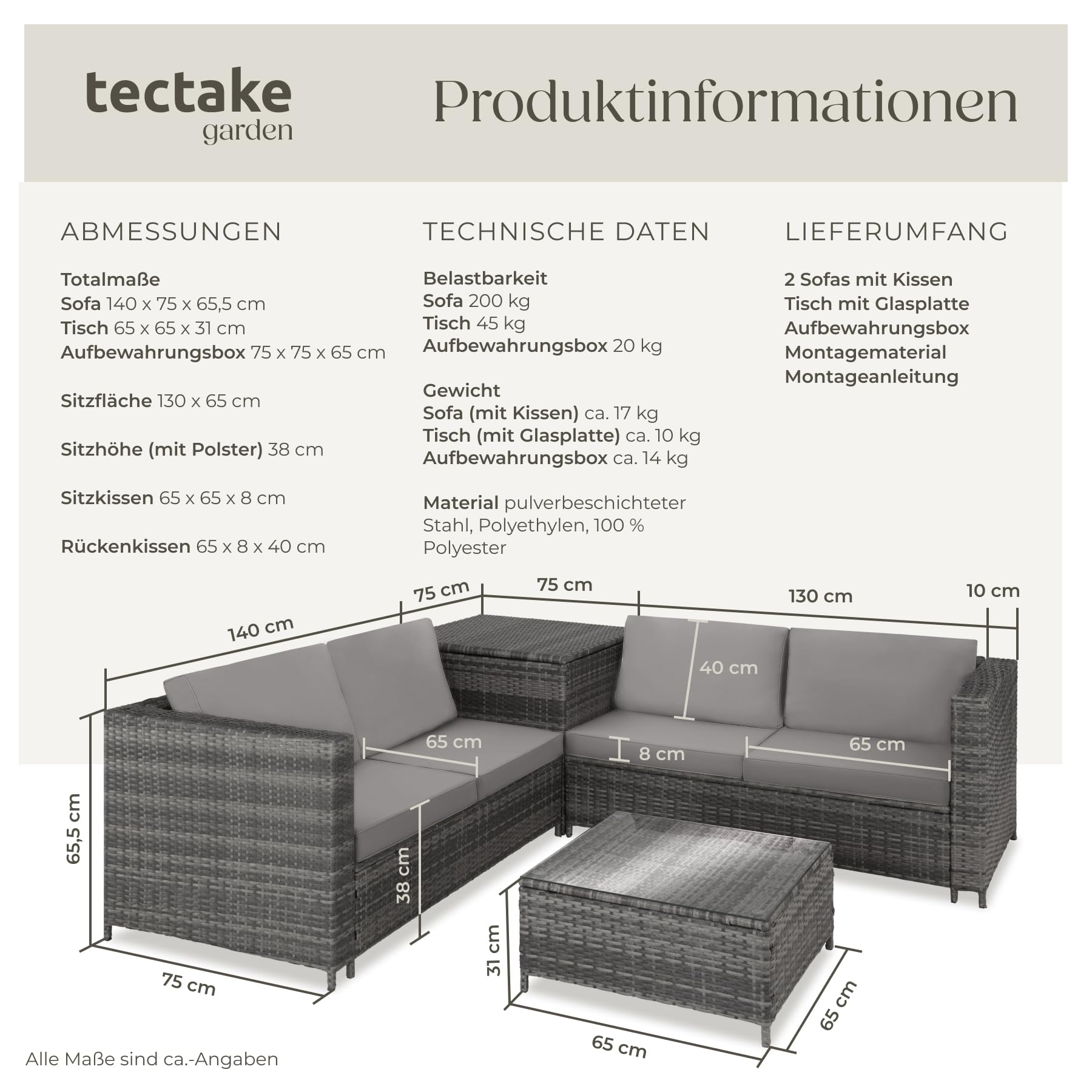 tectake Polyrattan Sitzgruppe für 4 Personen, Balkon Garnitur mit Sitzkissen, Aufbewahrungsbox draußen sowie Outdoor Couchtisch mit Glasplatte, Balkonmöbel Rattan - grau/hellgrau