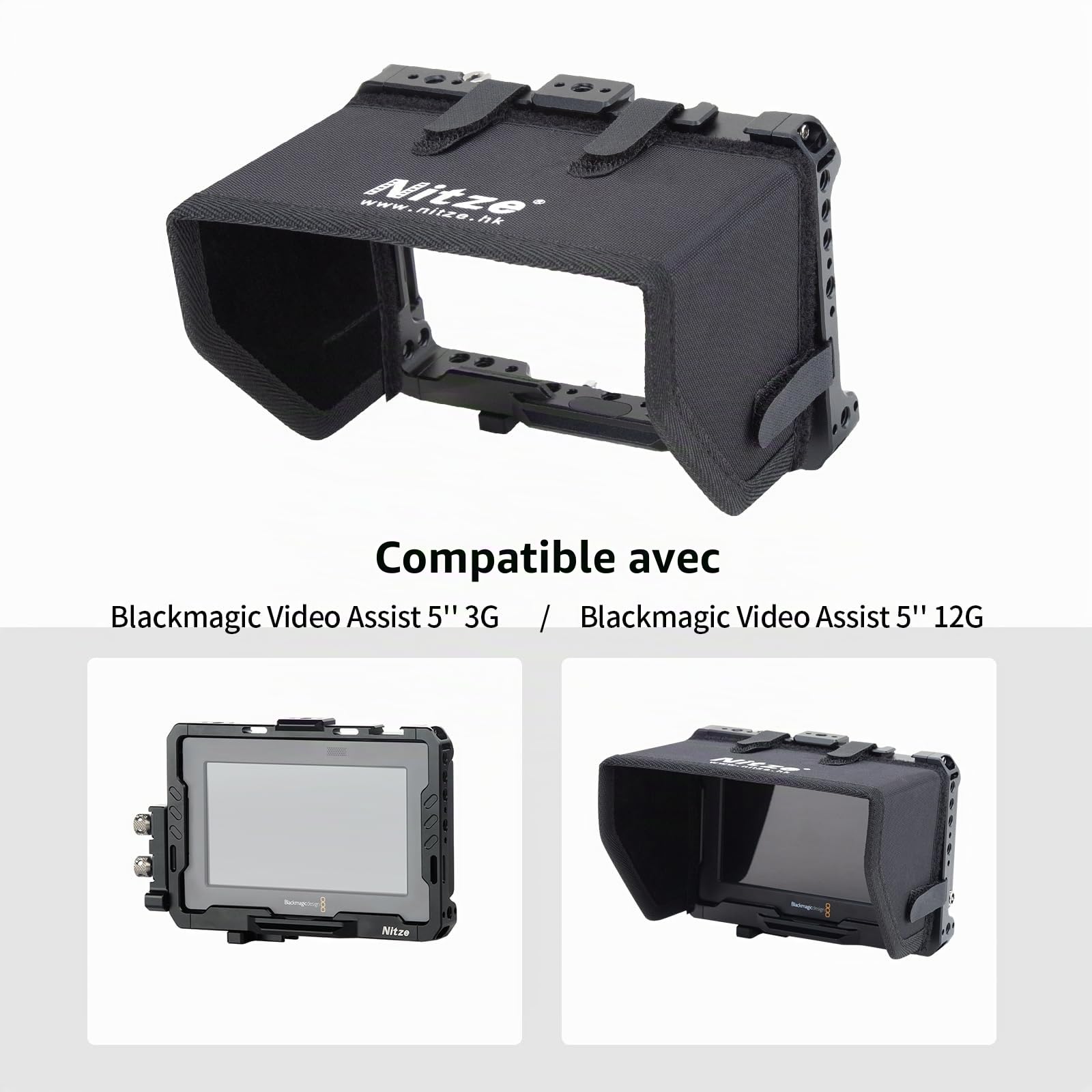 Nitze Cage Kit for Blackmagic Video Assist 5" 12G / 3G with Sunhood, HDMI and USB-C Cable Clamps - JT-B01B