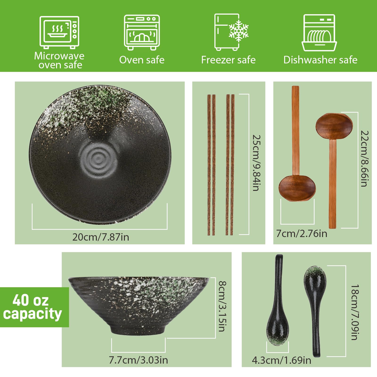 Lavabile in Lavastoviglie Stoviglie,Set Ciotola Ramen in Ceramica 2×1000ML 34oz Ciotola di Pasta Giapponesi,7 Pezzi Ciotole Giapponesi per Ramen per Spaghetti Zuppa di Insalata Snack Bowl Regali