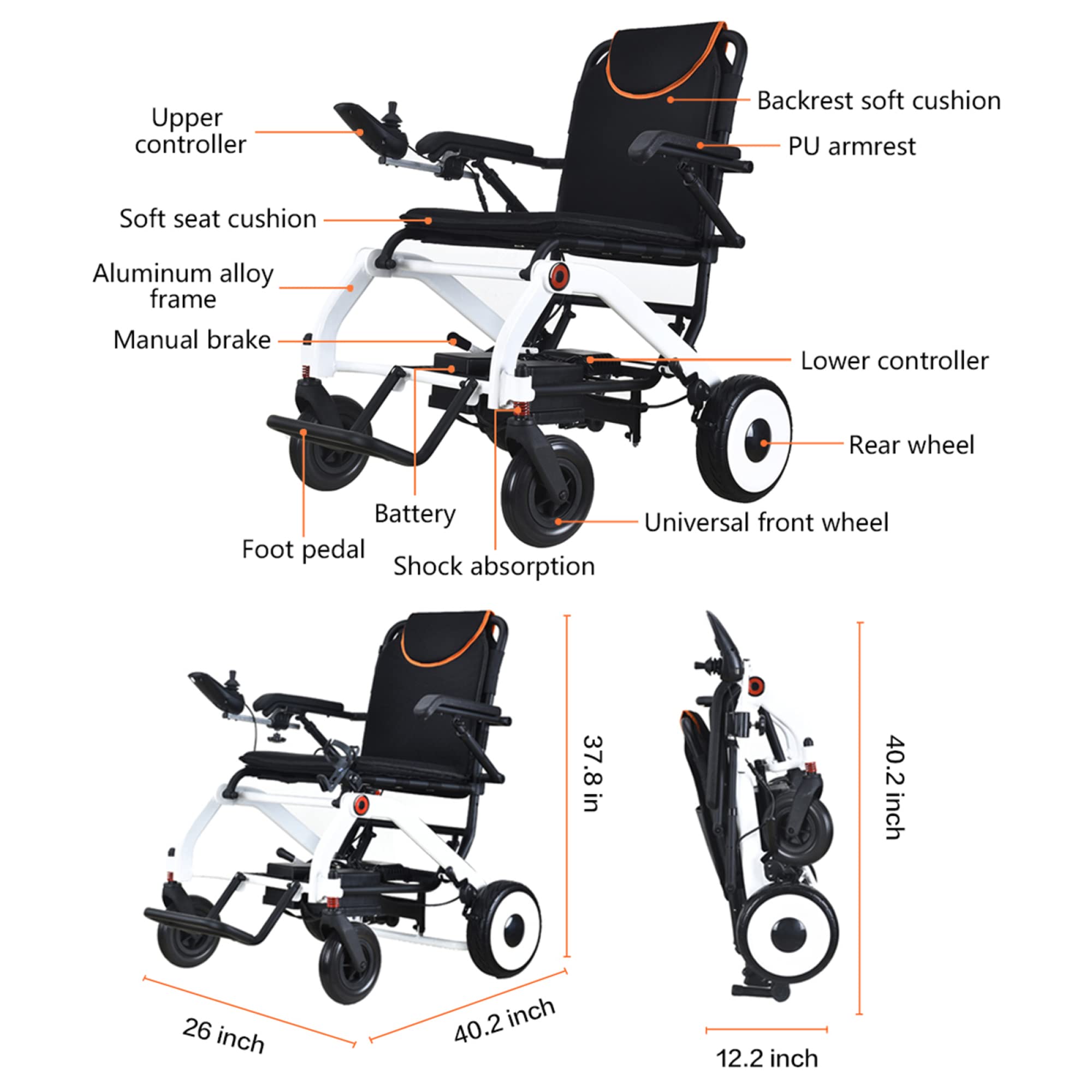 Fauteuil Roulant électrique Pliant léger, résistant aux intempéries, Deux Batteries, Deux Moteurs Posi-Traction, Tout Terrain, Fauteuil Roulant électrique à Manipulation Intelligente
