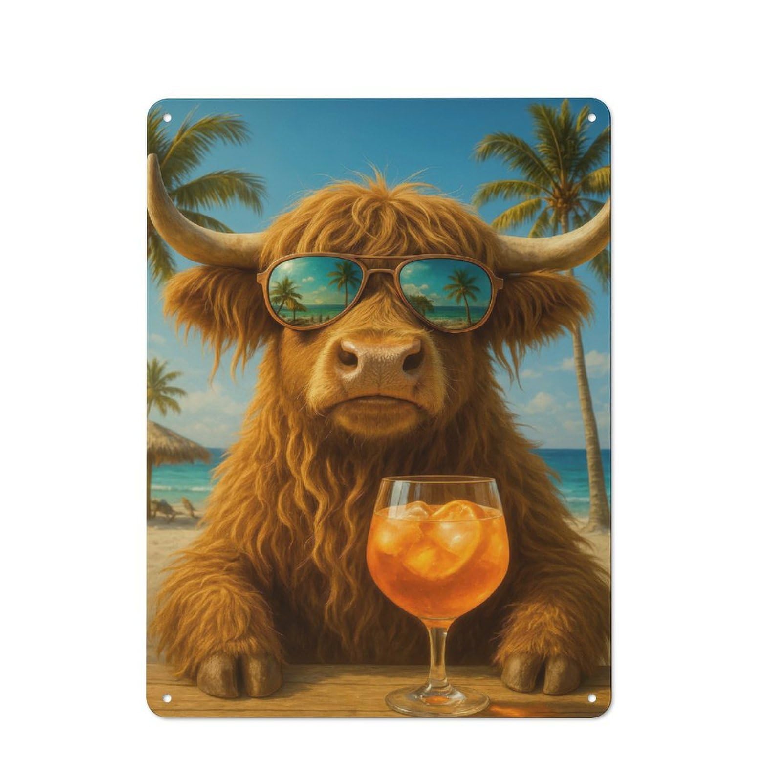 Junmoney Style-21 Garden Style Highland Cow With Cocktail On Beach Tin Sign 40X30cm, Porch Wall Decor For Patio Bar, Workshop, Shed Or Kitchen