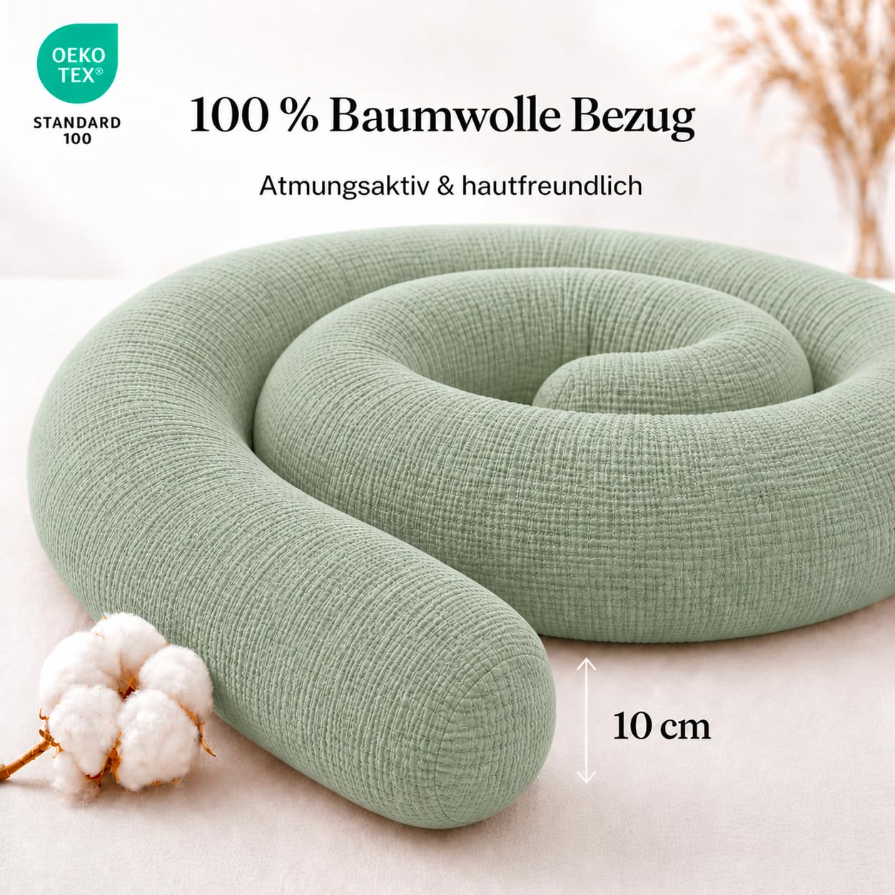 Seitenschläferkissen aus 100% Baumwolle – Body Pillow Bettrolle Nackenrolle (Eukalyptus, 400 cm)