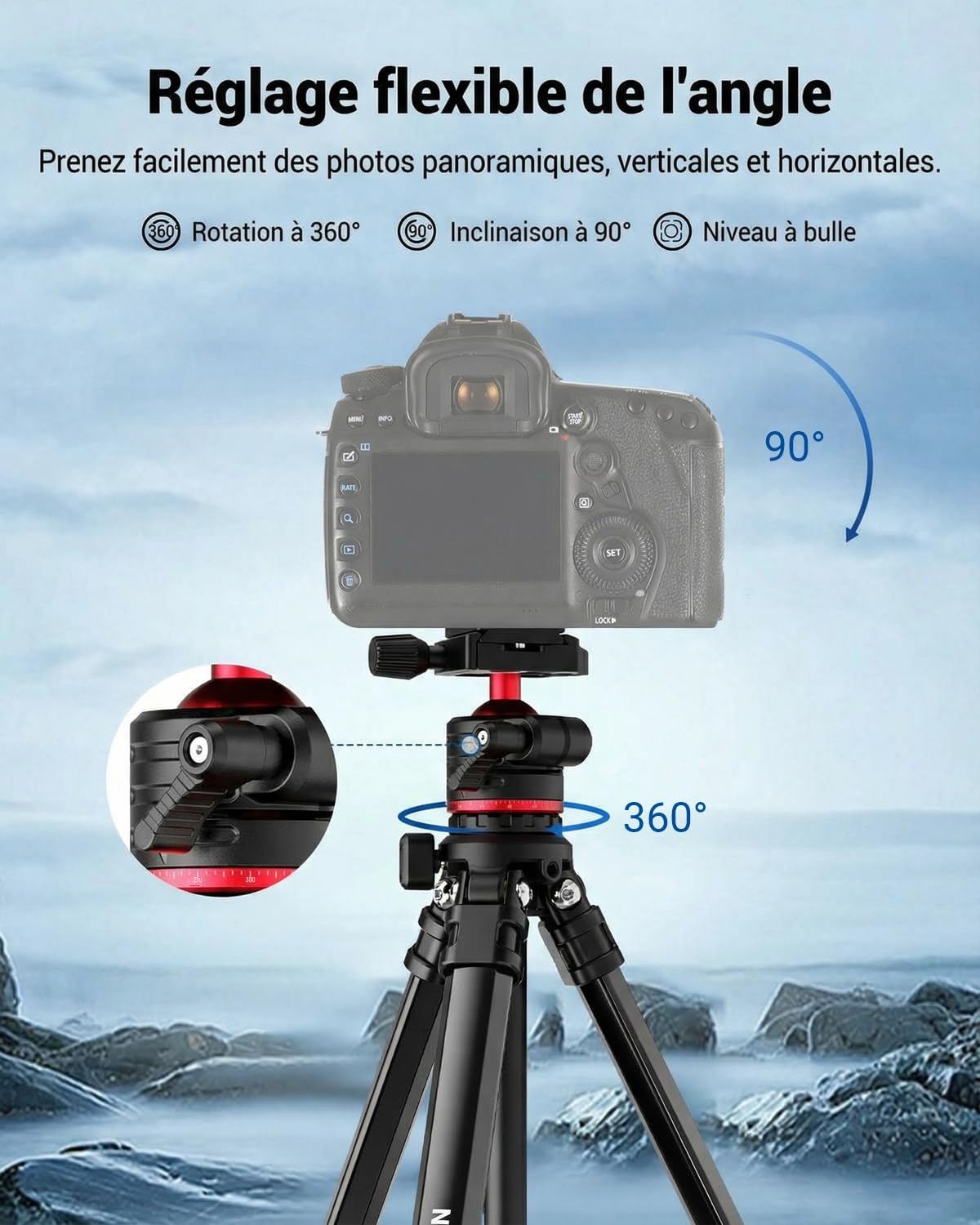 NEEWER Basics 66.5"/169cm Trépied Voyage pour Appareil Photo, Support léger et Portable pour Reflex numérique avec rotule, Plaque QR Arca, Support pour téléphone Portable, Charge maximale 11 LB, TP12