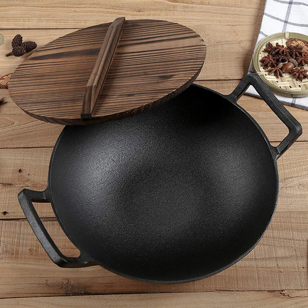 Padella wok in ghisa, atossica, con fondo piatto, con 2 manici e coperchio in legno, per stufe elettriche, a induzione e a gas, diametro 32 cm